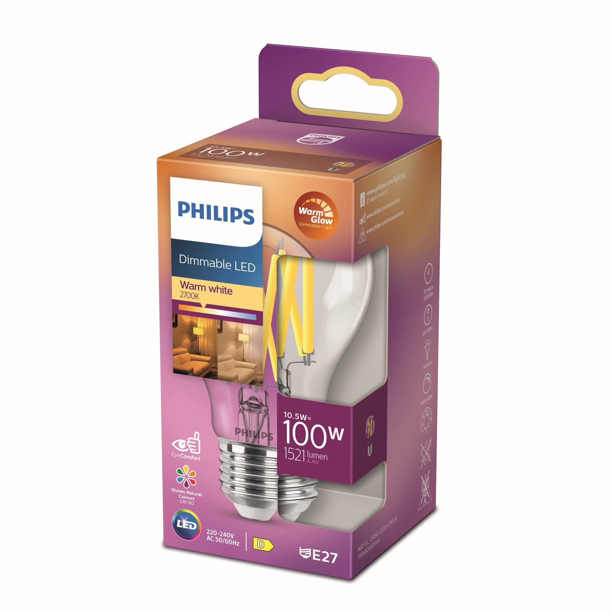 Philips LED Classic E27 Filament Lampe Warm Glow (100 W), dimmbare LED Lampe mit warmweißem Licht, energiesparende Lampe mit langer Nutzlebensdauer, Klar