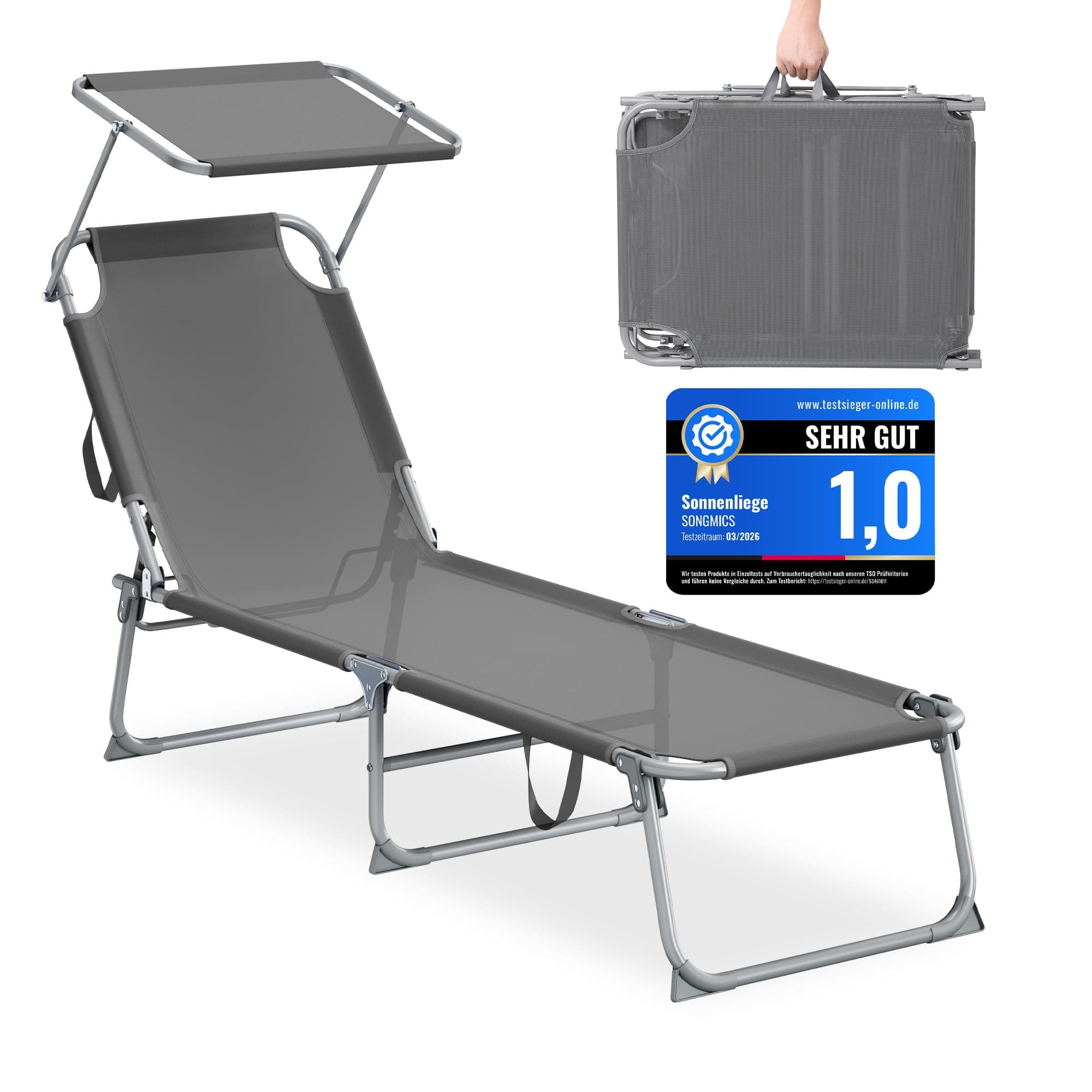 SONGMICS Sonnenliege klappbar, 189 x 53 x 28,5 cm, Gartenliege, belastbar bis 110 kg, verstellbare Sonnenblende und Rückenlehne, Liegestuhl, für Terrasse, Balkon, grau GCB194GZ02