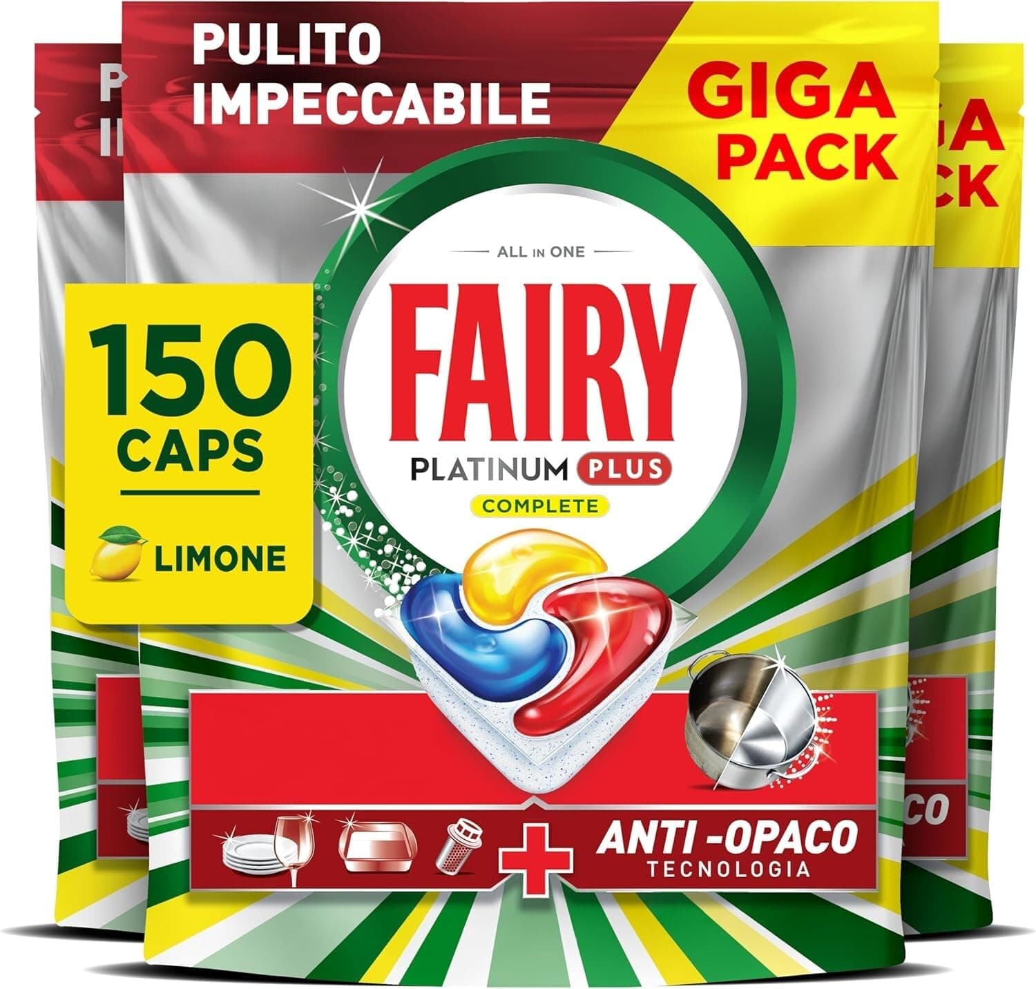 Fairy Platinum Plus Pastiglie Lavastoviglie Tutto in Uno, 150 Caps, Limone | Detersivo in Capsule, Stoviglie Brillanti, Rimuovi Grasso, Efficace nei Cicli Brevi al Primo Lavaggio, Anti-Opaco, Giga Pack