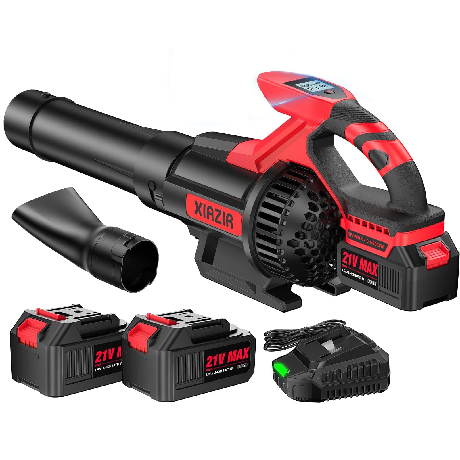 XIAZIR Souffleur de Feuilles sans Fil avec 2×4,0Ah Batterie et Chargeur, Moteur 21V 28 000 TR/Min, 210 km/h / 1 104 m³/h, écran LCD, 3 vitessesvitesse réglable, léger pour Jardin, terrasse et allée
