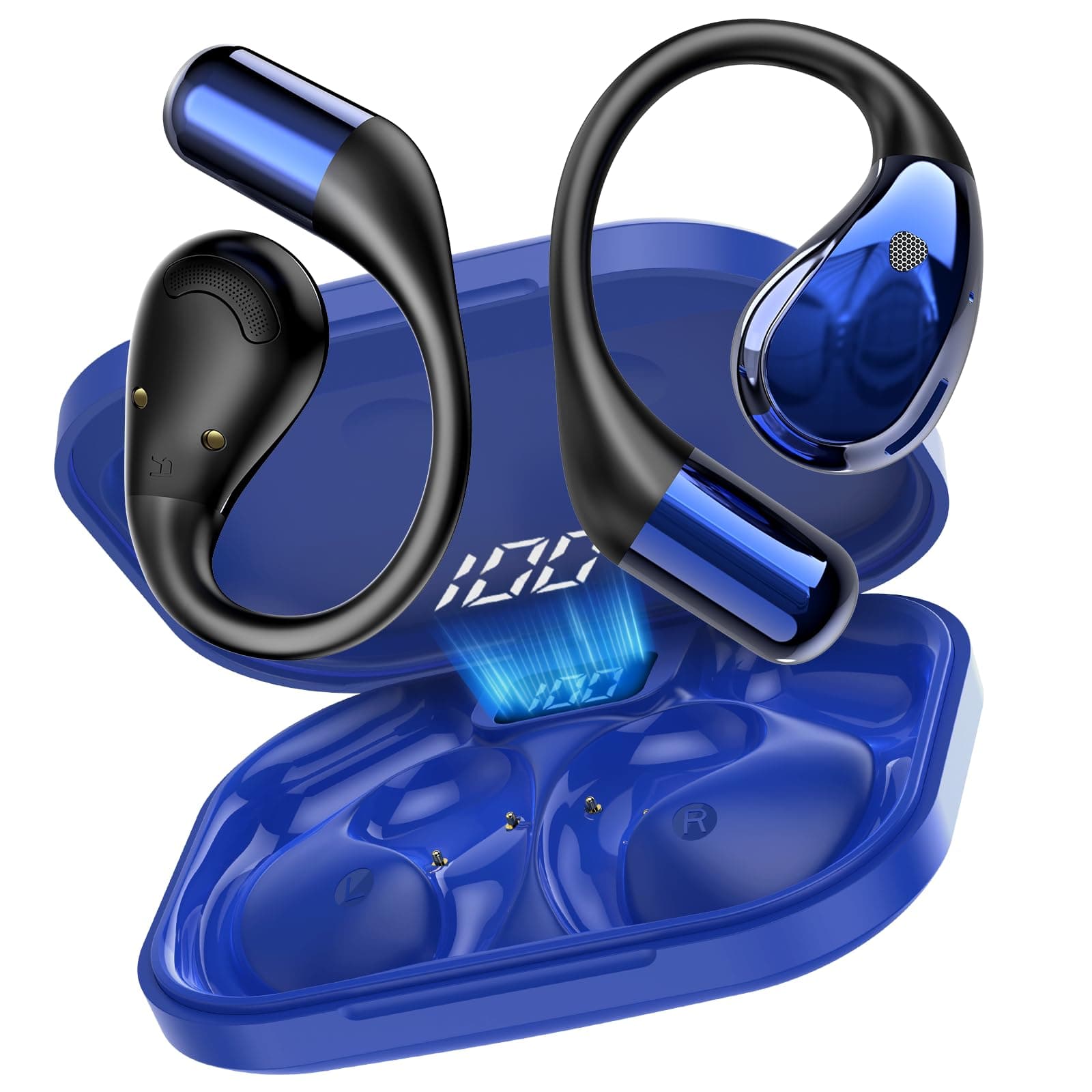 Auriculares inalambricos Deportivos, Bluetooth V6.0 lnalámbricos Cascos Hi-Fi Estéreo, 40H Llamada ENC HD Auriculares, Pantalla LED, IP7 Impermeable Auriculare Oreja Abierta para Sport/Running, Azul