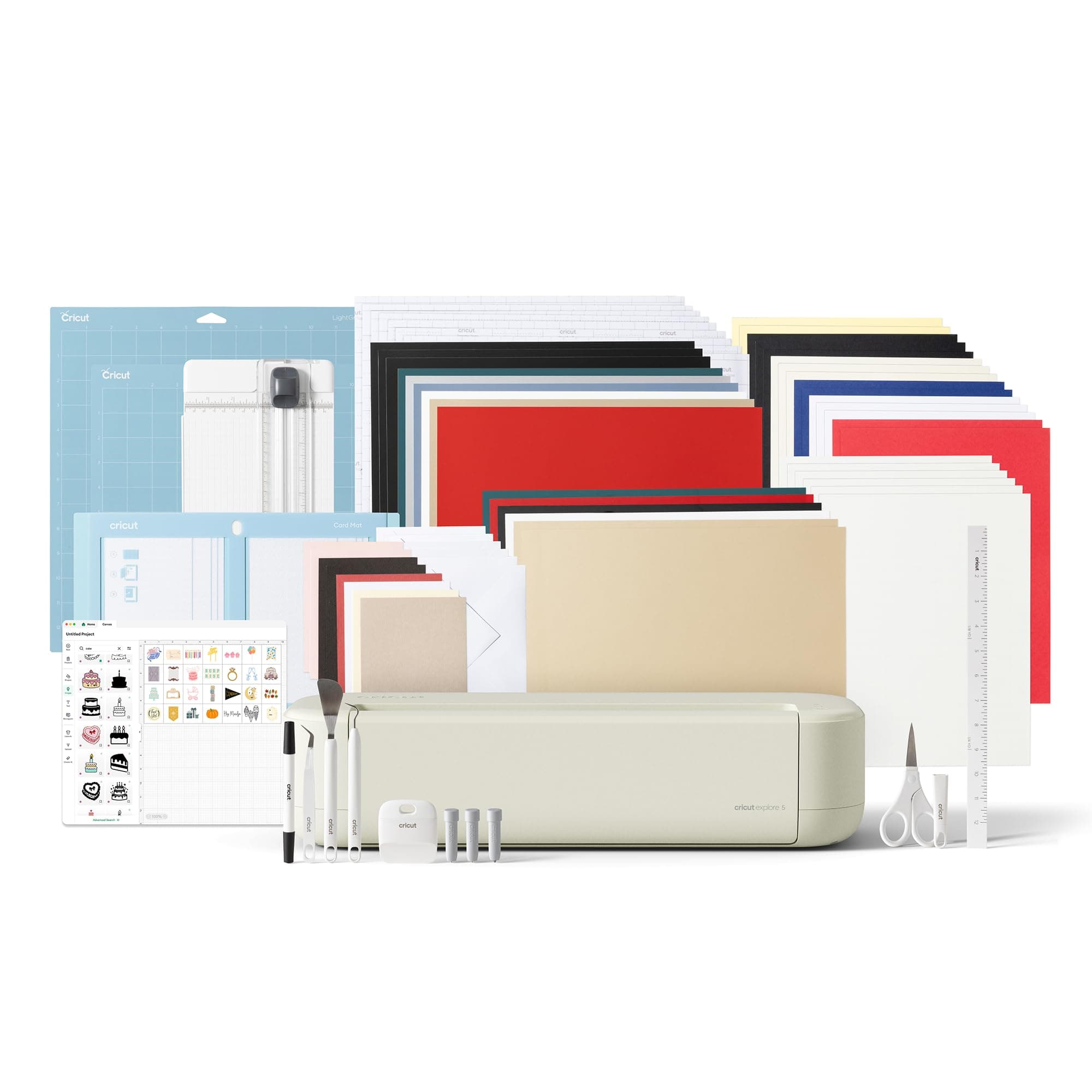 Cricut Explore® 5 Deluxe Bundle + Contenido digital. Máquina de corte inteligente, ideal para vinilos personalizados, camisetas, pegatinas a color, tarjetas y más.