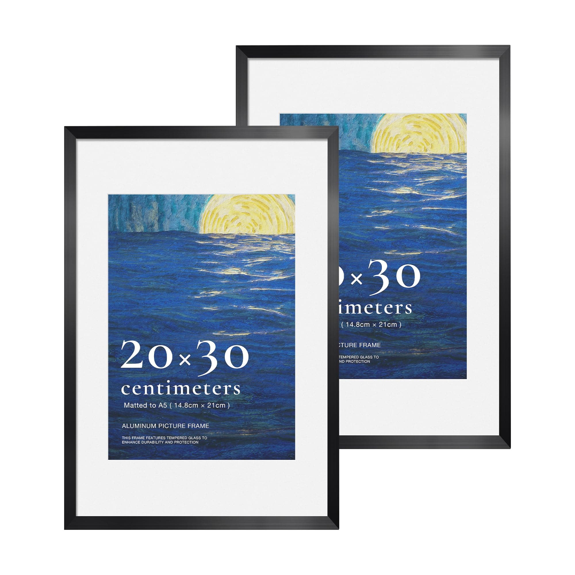 LIVINGTASTE Bilderrahmen 20x30 cm Aluminium Schwarz gebürstet mit gehärtetem Glas, 2 Stück und Passepartout für A5 Fotos (14,8 x 21 cm).