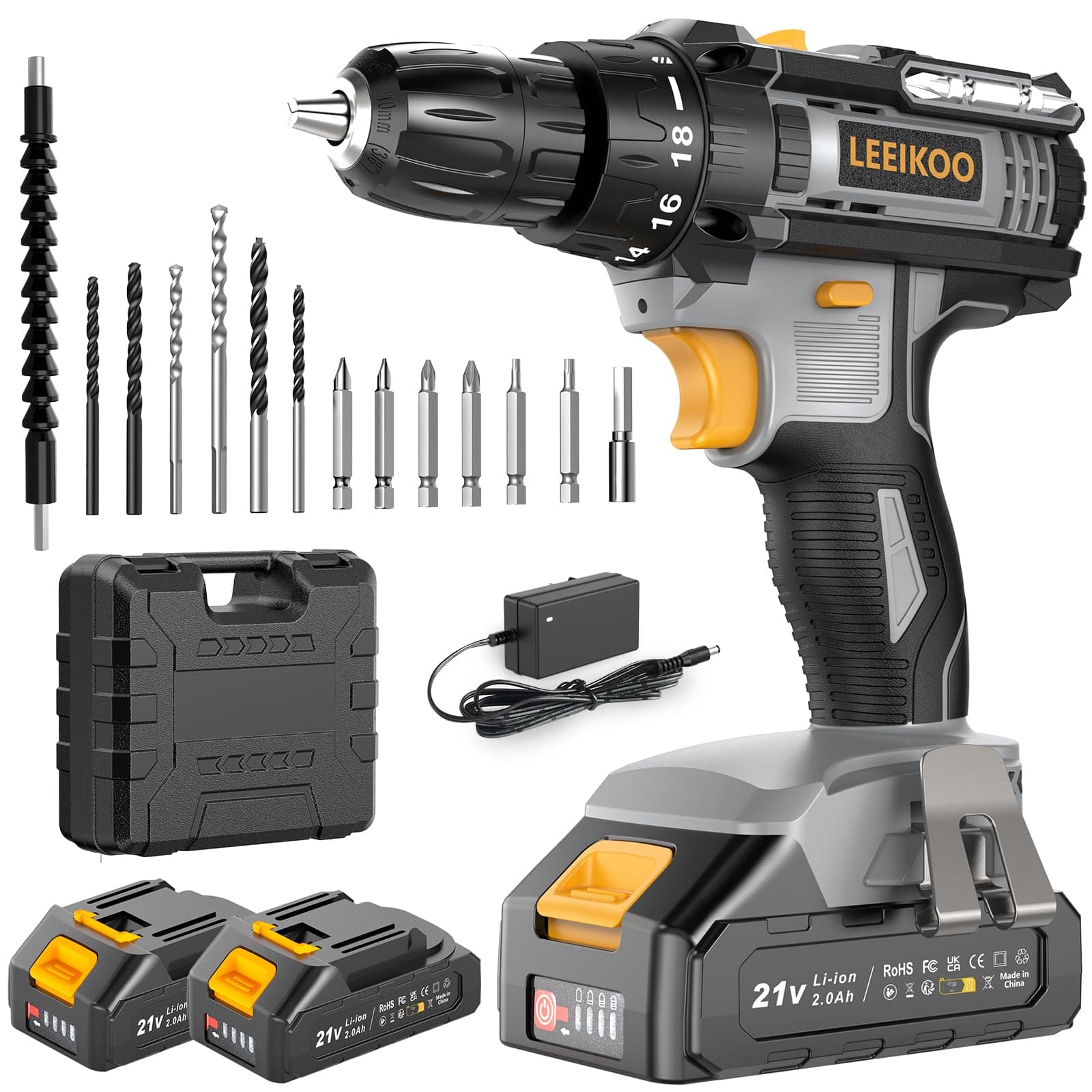 Avvitatore a Batteria, LEEIKOO Trapano Avvitatore Batteria 21V, Avvitatore Elettrico 42N.m con 2 Batterie da 2.0Ah, 2 Velocità, 18+1 Coppie, 14 Accessori, Luce a LED Per Fai da te, Casa e Giardino