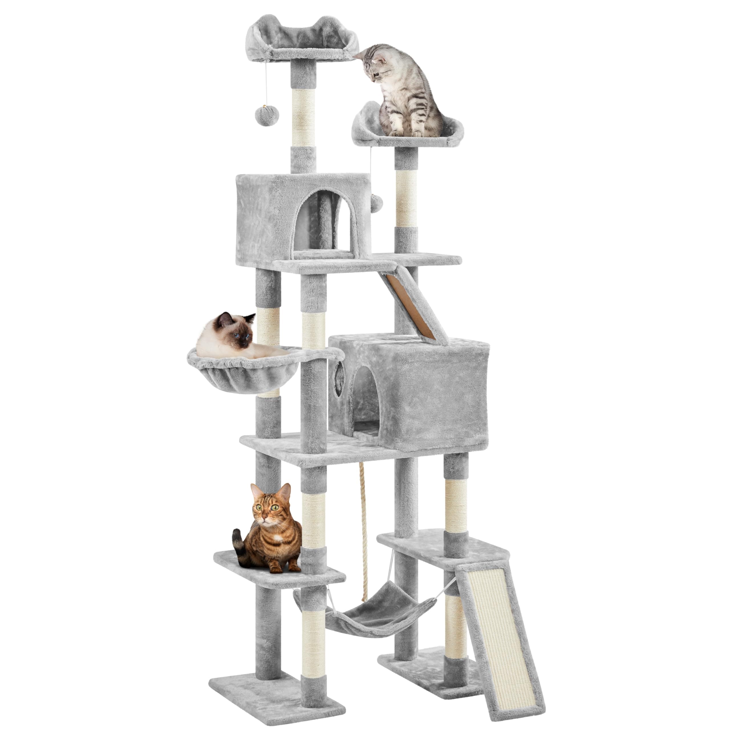Yaheetech Rascador Alto 209 cm Árbol para 3-4 Gatos Adultos Torre Escalador Castillo Juquetes Mascotas XXL,Gris Claro