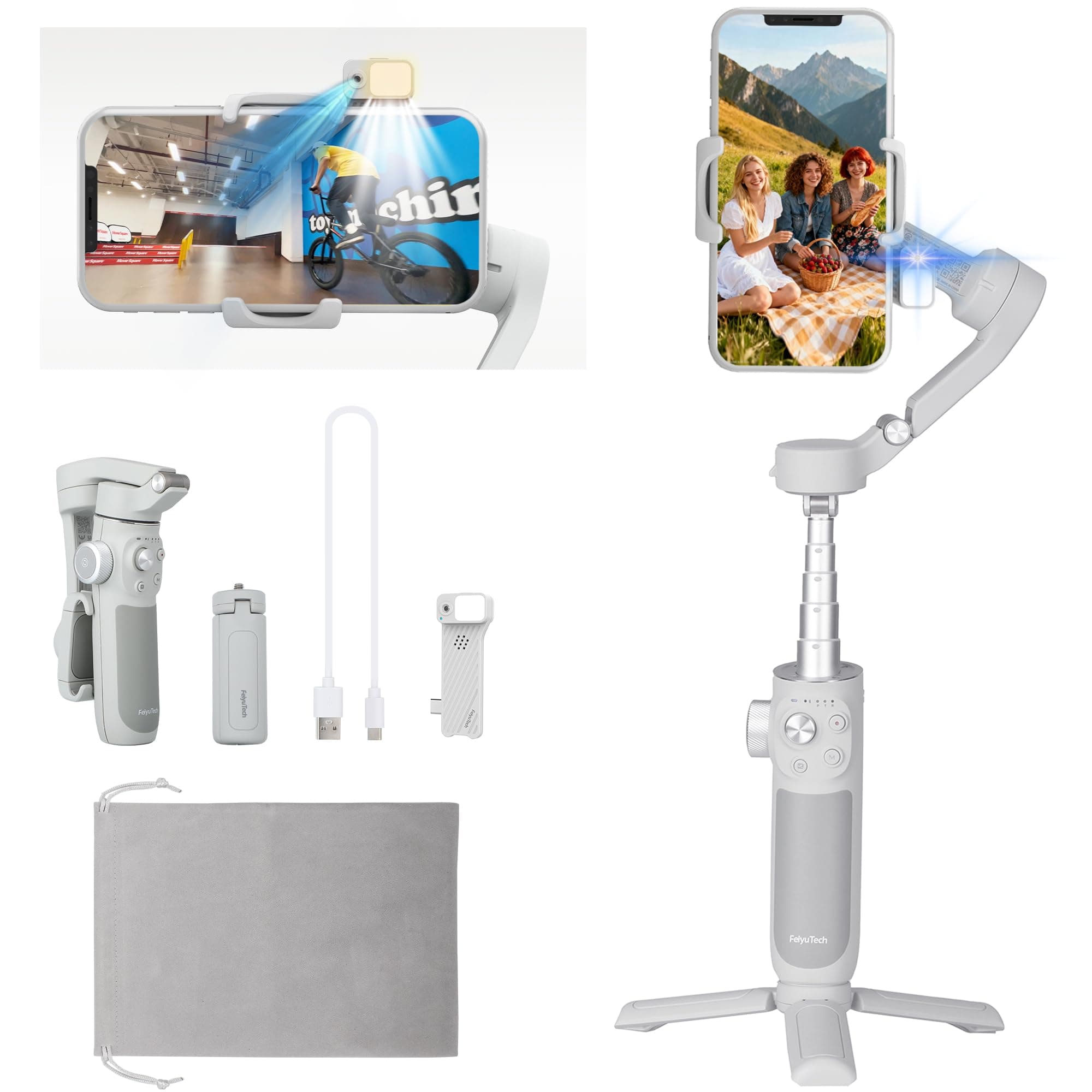 FeiyuTech VB4 Estabilizador de Móvil con Seguimiento IA, Barra Extensible de 216 mm y Luz Integrada, Gimbal 3 Ejes para Smartphone, Compatible con iPhone 17/16 y Samsung S25, Ideal para Vlog y Vídeo