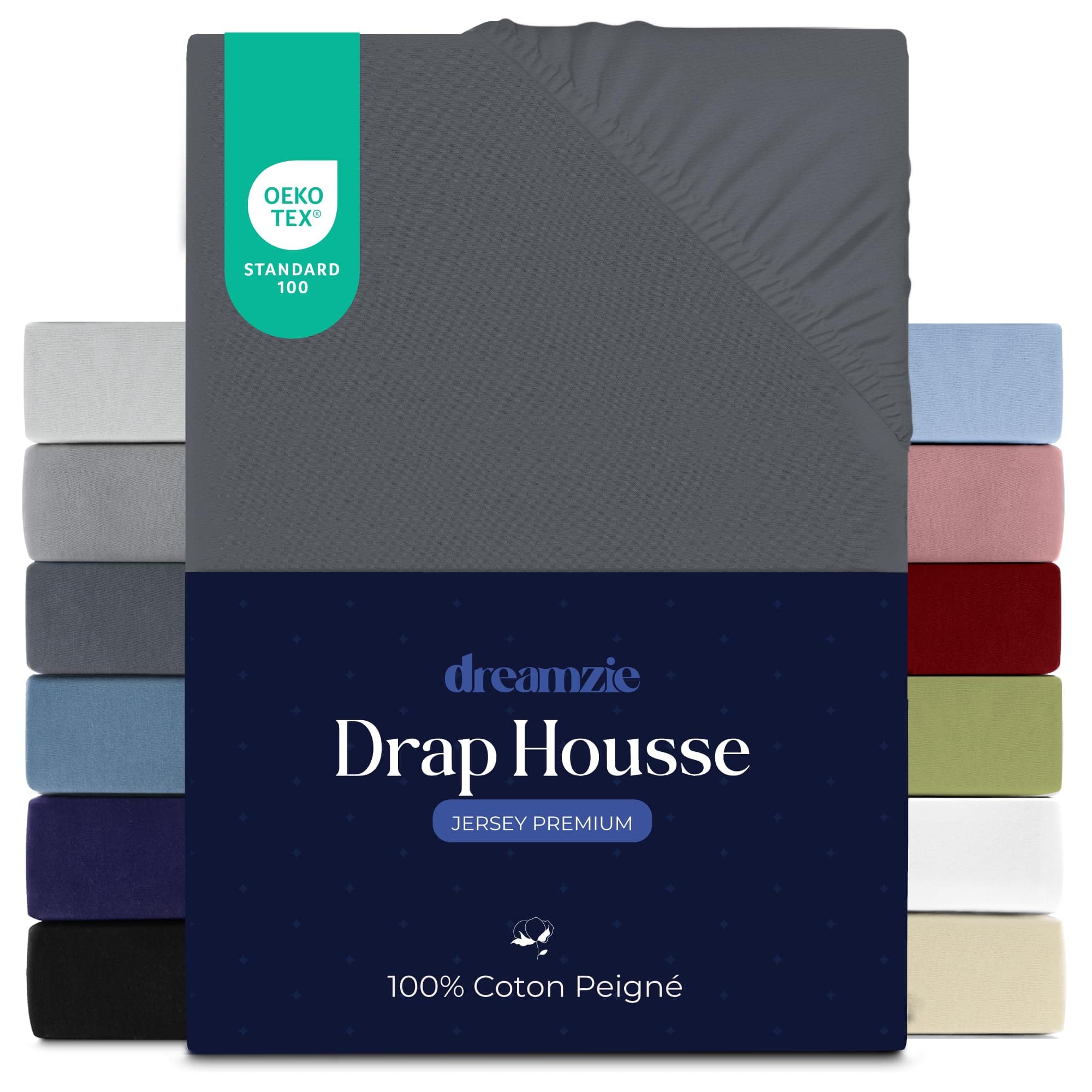 Dreamzie Drap Housse 160x200 cm, Jersey 100% Coton Premium, Hauteur De Matelas Jusqu'à 27 cm, Hypoallergénique, Oeko-Tex, Gris Foncé