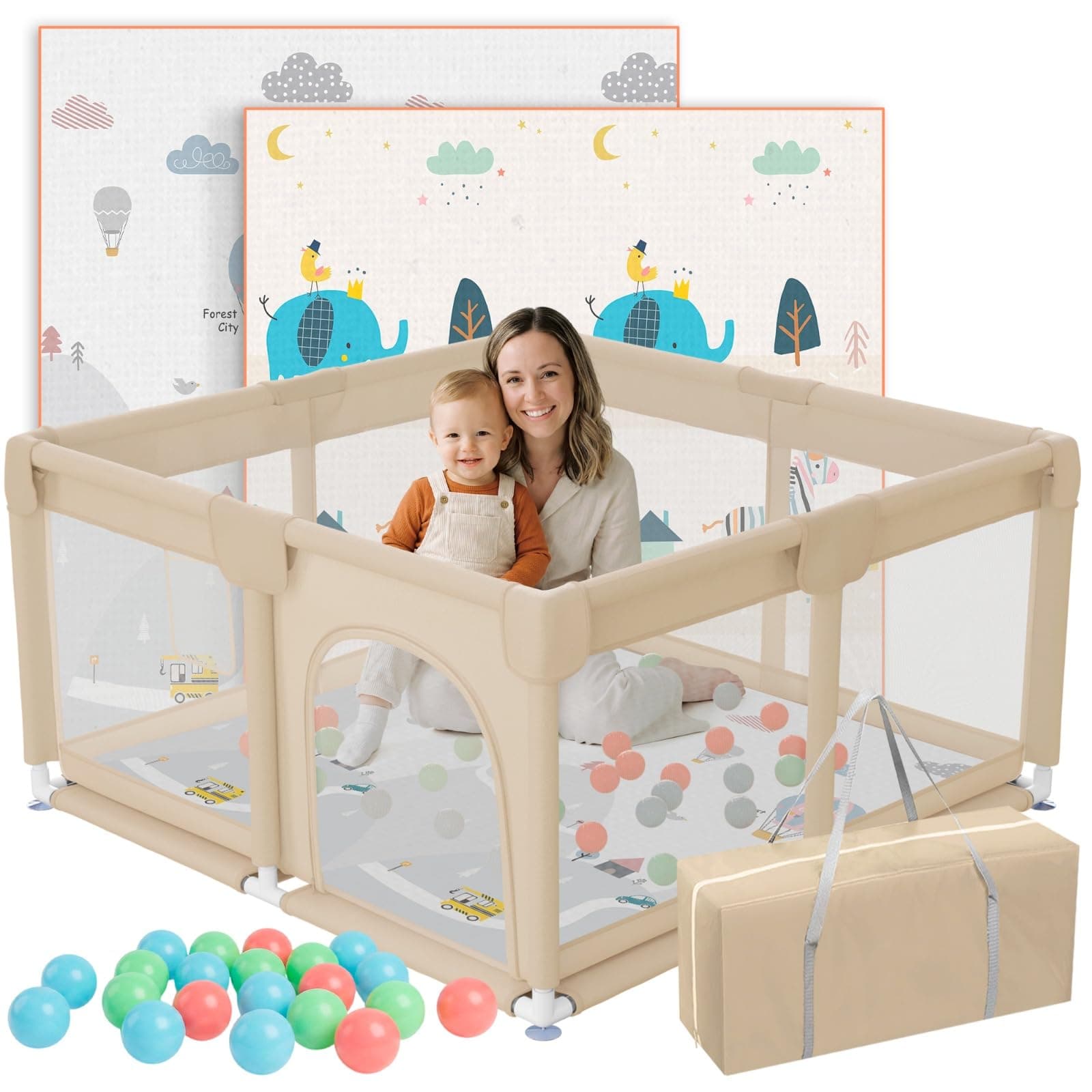 JUPPLIES Box Bambini 120x120 cm + Tappetino + 50 Palline + Borsa di Trasporto | Recinto per Bambini con Rete Traspirante (Beige)