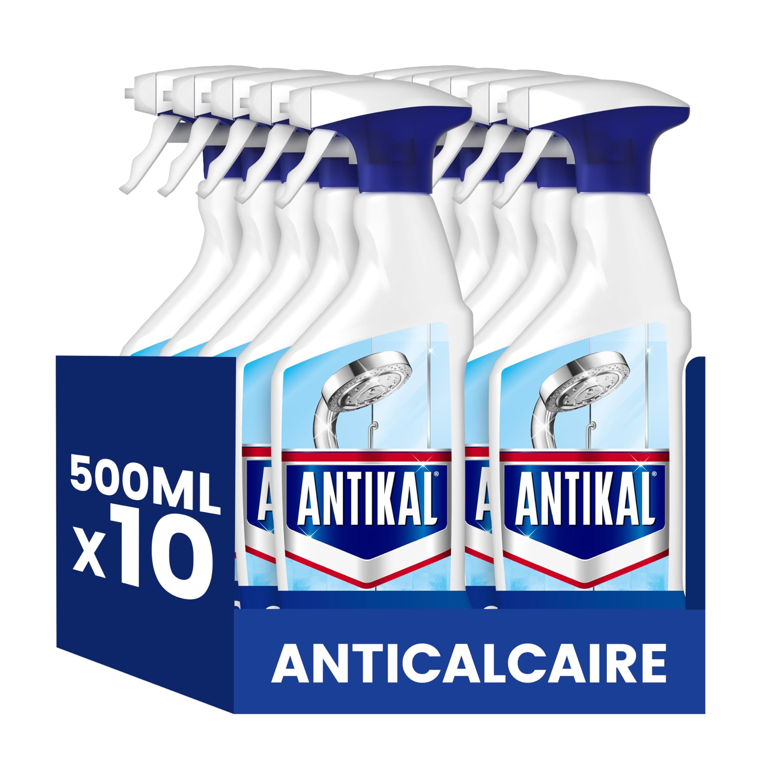 Antikal Spray pour Salle de Bain (500ml x10), Technologie Anti-Gouttes, Élimine Jusqu’à 99.99% Du Calcaire, Parfum Classique