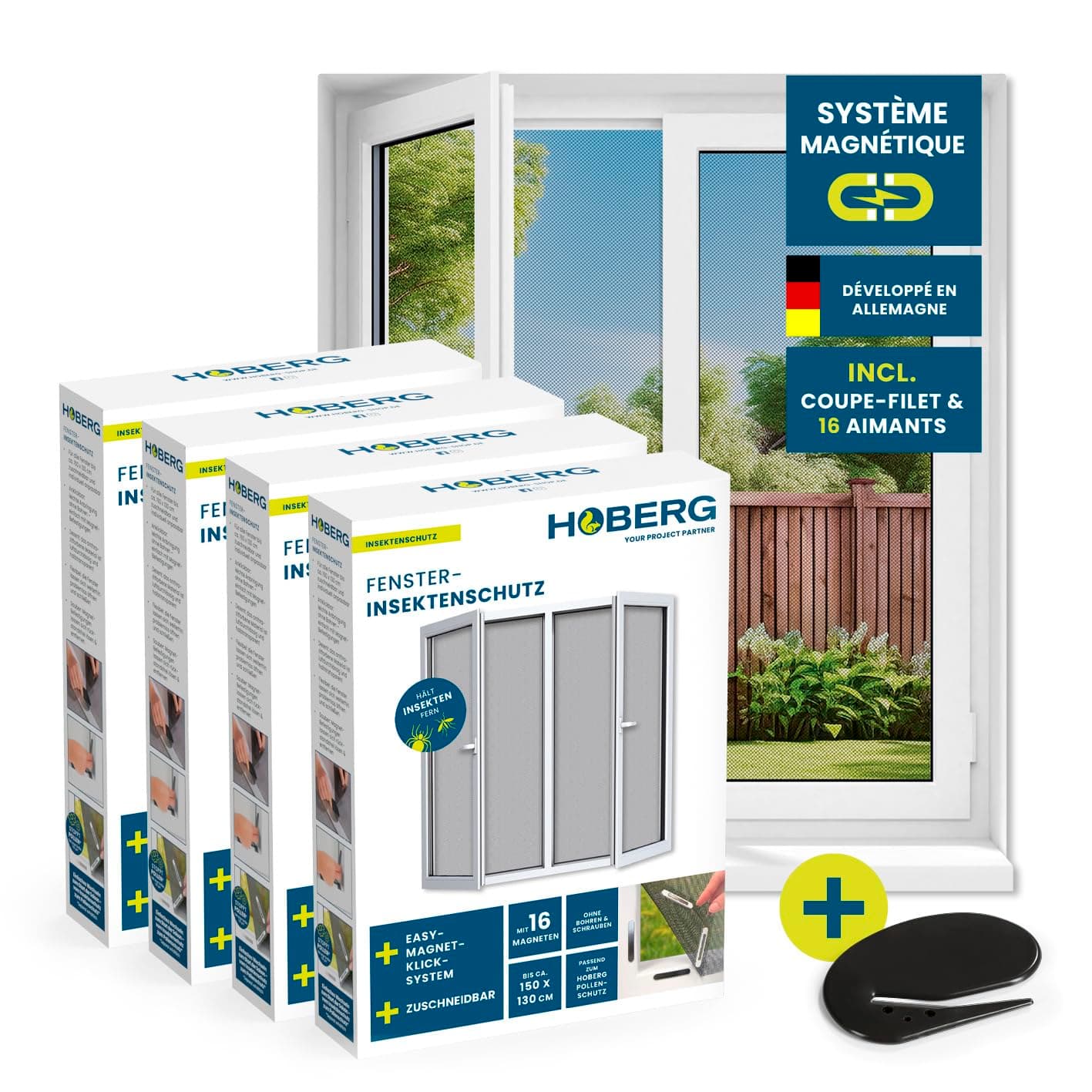 Hoberg Moustiquaire de fenêtre avec Fixation magnétique innovante | Moustiquaire jusqu'à 150 x 130 cm découpable Individuellement, Pas de perçage ni de vissage | Fixation avec 16 aimants [4 Pièces]