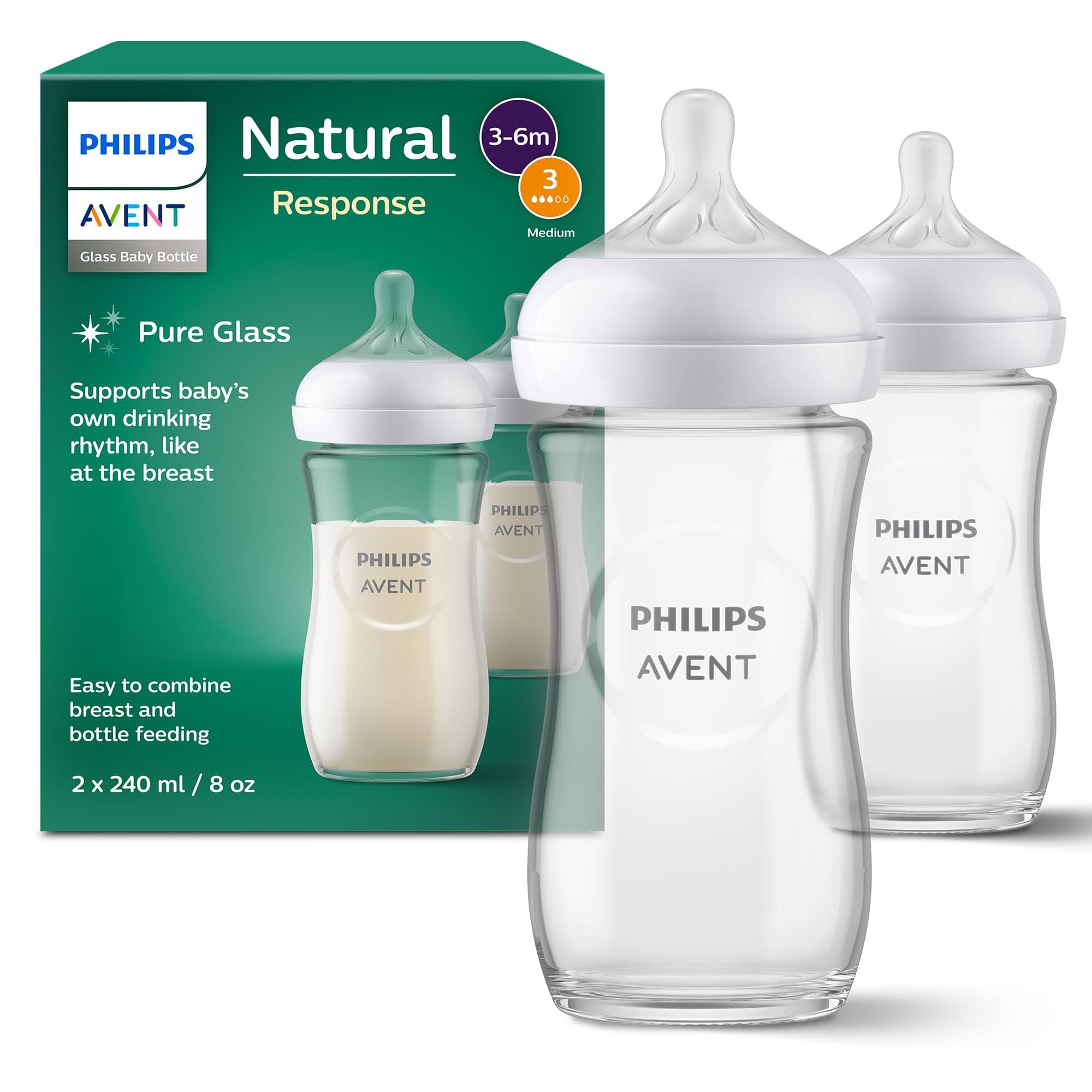 Biberon in vetro Philips Avent Natural Response: 2 biberon da 240 ml senza BPA per neonati da 3 a 6 mesi (modello SCY933/02)