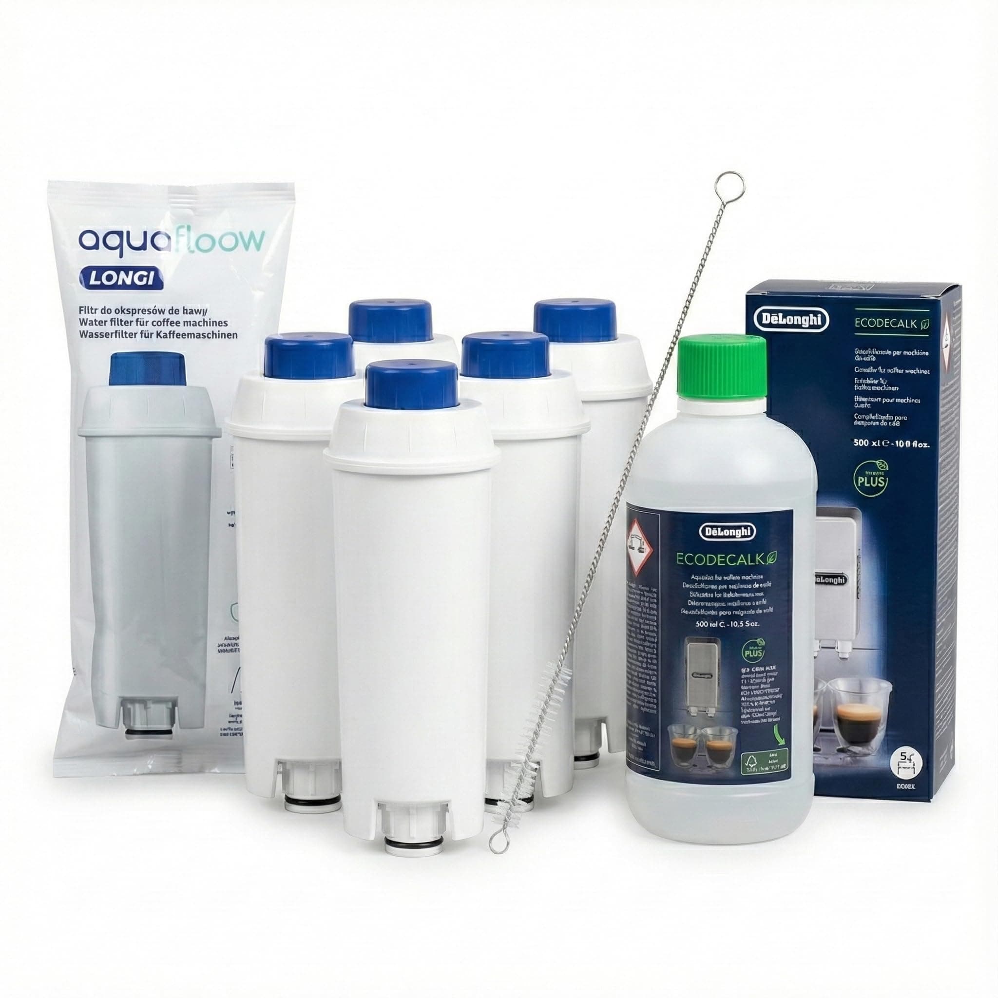 Aquafloow 5x Filtre à eau compatible avec DeLonghi DLSC002 & Détartrant EcoDecalk (500ml) – Kit d'entretien pour machine à café Magnifica S, Evo, Dinamica – Avec brosse de nettoyage