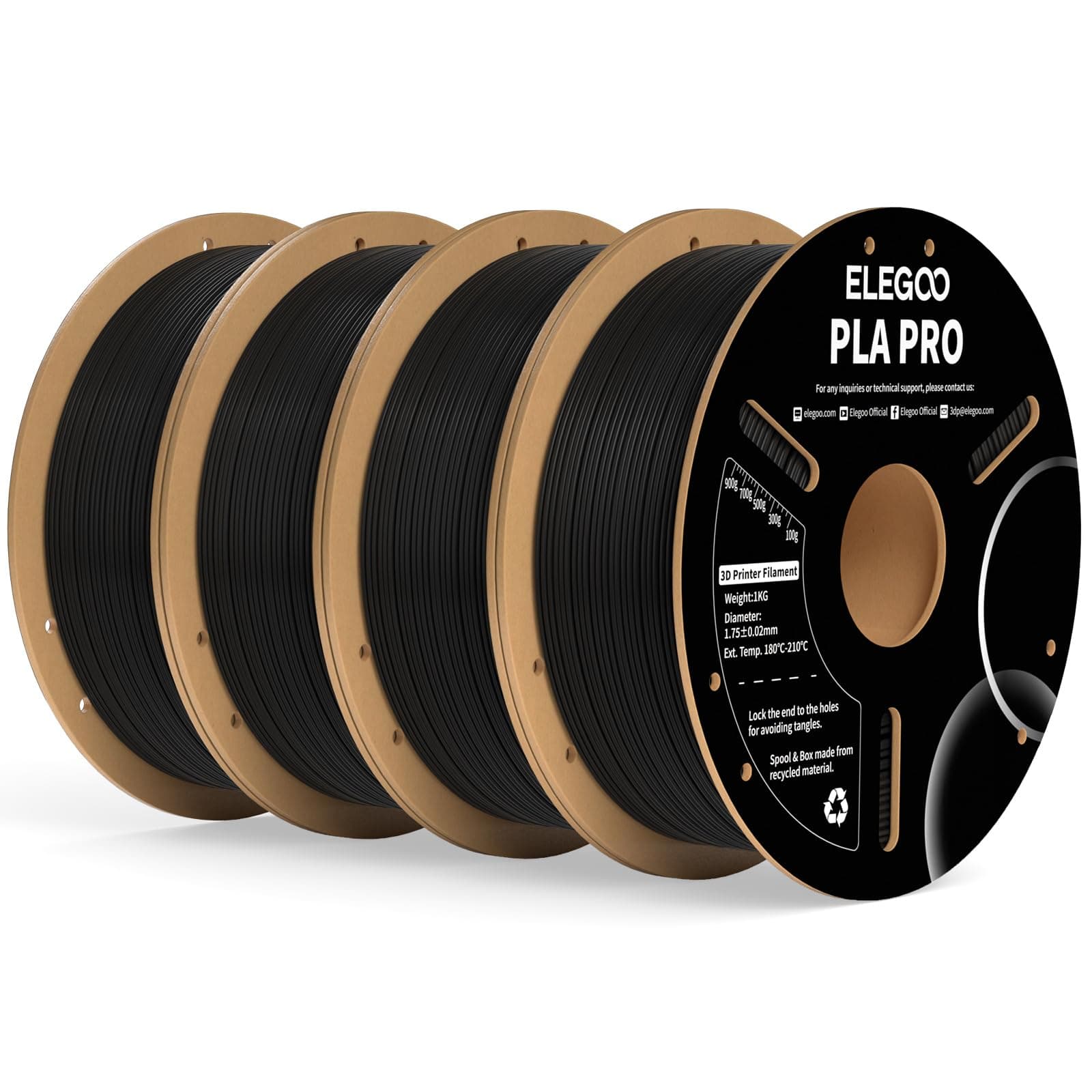 ELEGOO PLA PRO Filament 1,75 mm Schwarz 4 kg, Verbesserte Steifigkeit 3D-Druckmaterialien, Maßgenauigkeit +/- 0,02 mm, Passt für die Meisten 3D-Drucker, 1 kg Spule (2.2 lbs)