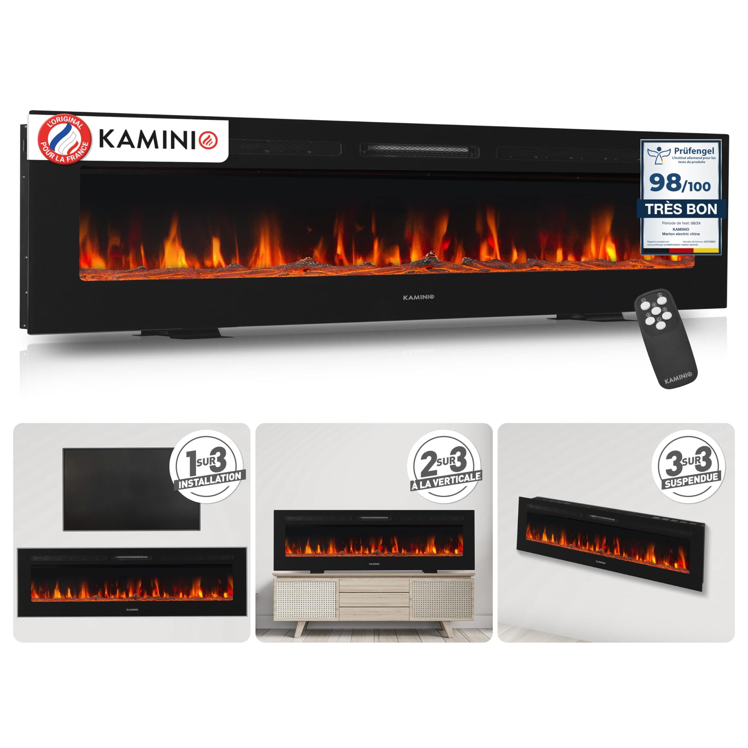 KAMINIO Cheminée Electrique Marlon - Cheminée Électrique 3-en-1 avec Chauffage, Effet de Flamme 3D, 12 Couleurs de Flammes, télécommande (70 Pouces)