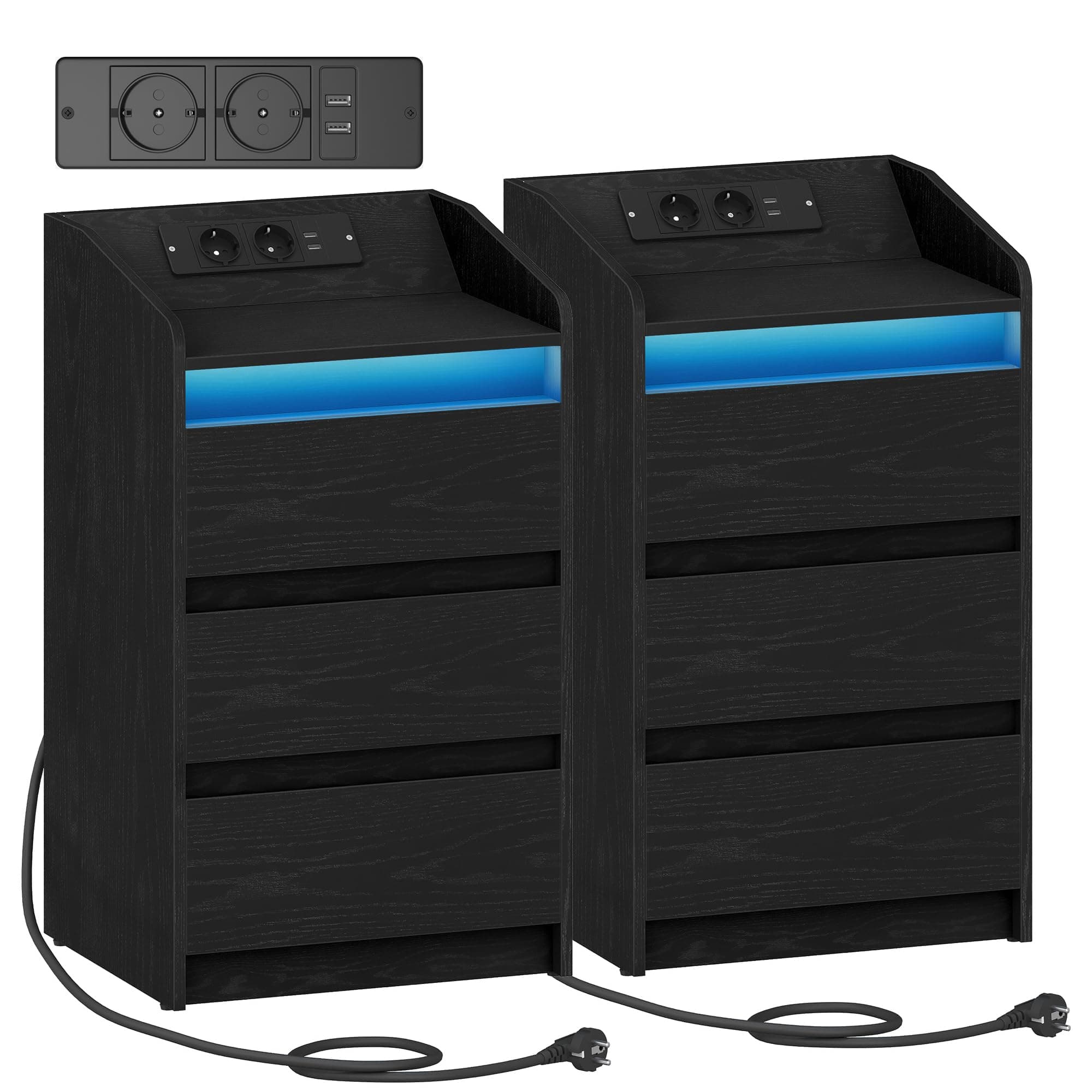 Hzuaneri Mesilla de Noche de 2 con 3 Cajones, Mesa Auxiliar con Estación de Carga y LED, 2 Tomas CA y 2 Puertos USB para Dormitorio, Salón, Negro NS40104X