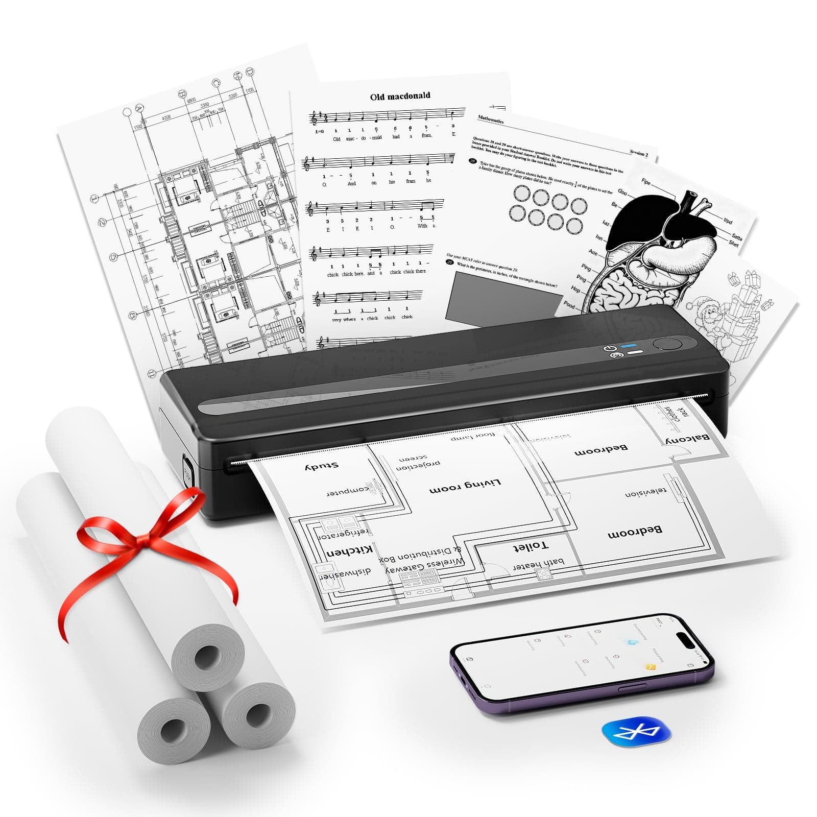 BORN4SHIP PB821 Imprimante Thermique A4, Imprimante Mobile A4 Thermique sans Encre, Connexion Via Bluetooth & USB, Imprimante Portable avec 3 Rouleaux de Papier Thermiques