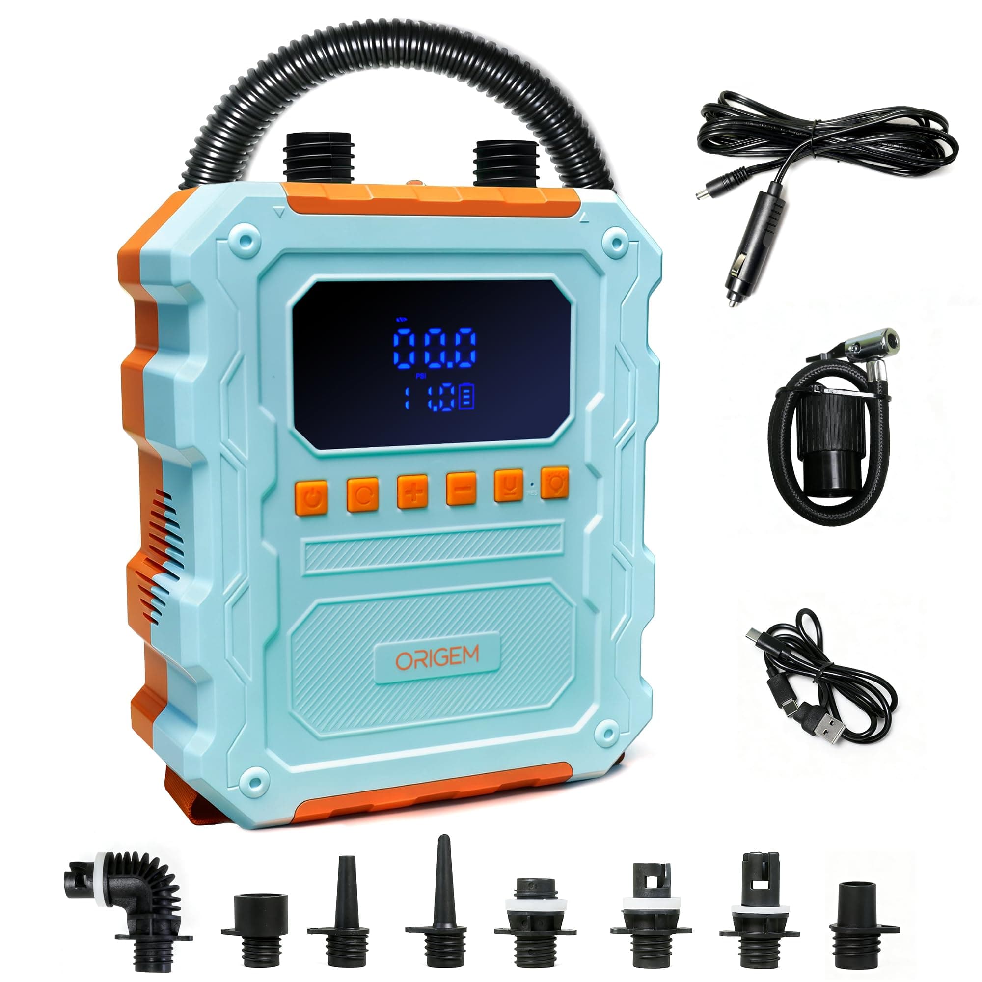 Origem 60PSI Inflador Paddle Surf Electrico, Bomba con 20800mAh Batería Recargable para 6–9 SUPs, Auto-Apagado, 10 boquillas, Type C, Hinchador para Tablas,Bote Inflable,Tienda,Colchoneta,neumático