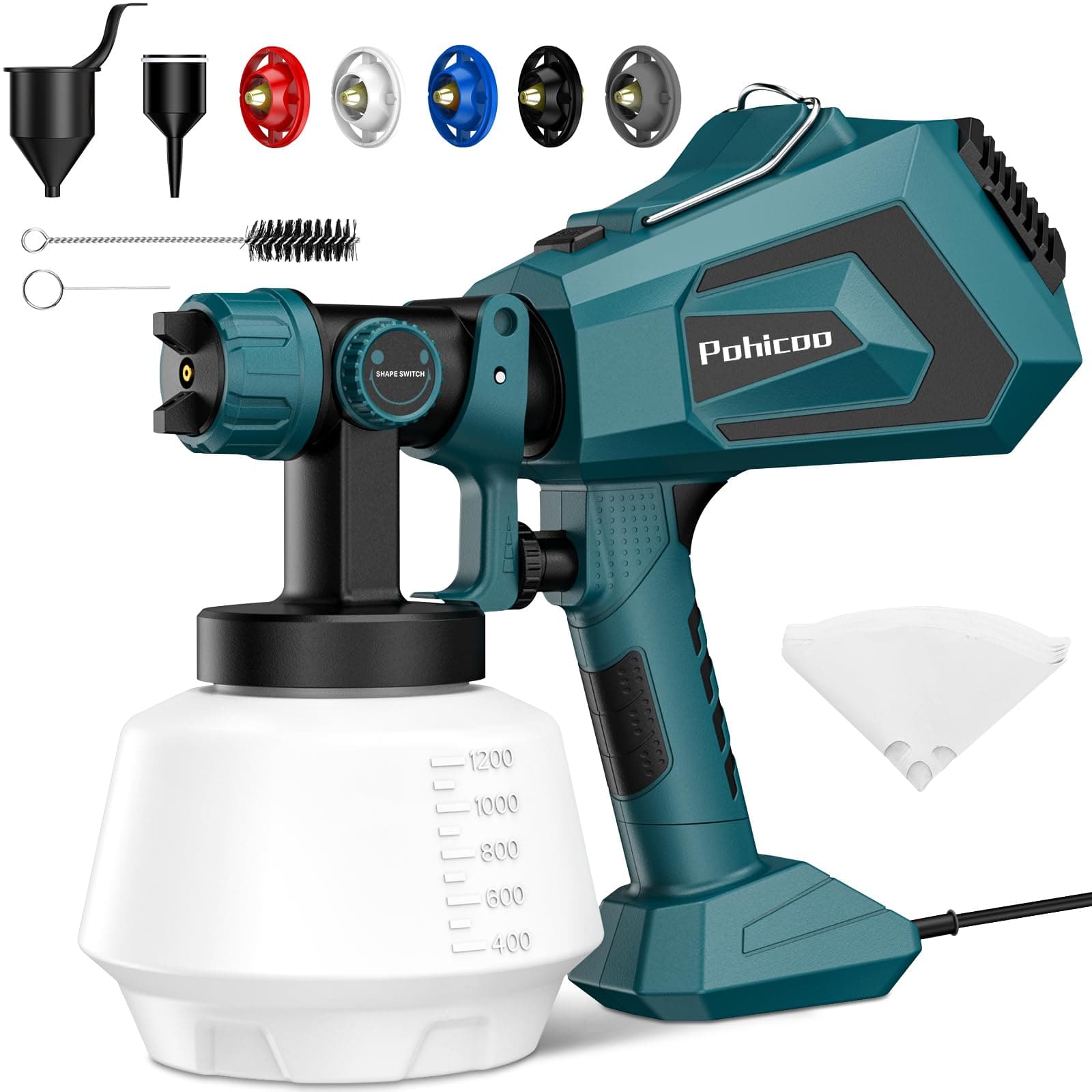 Pistola Pintura Electrica, Pistola para Pintar Paredes y Techos, 700W 1200ML HVLP Pistola Pintar Electrica, Pulverizador de Pintura con 5 Boquillas y 3 Patrones (Verde)