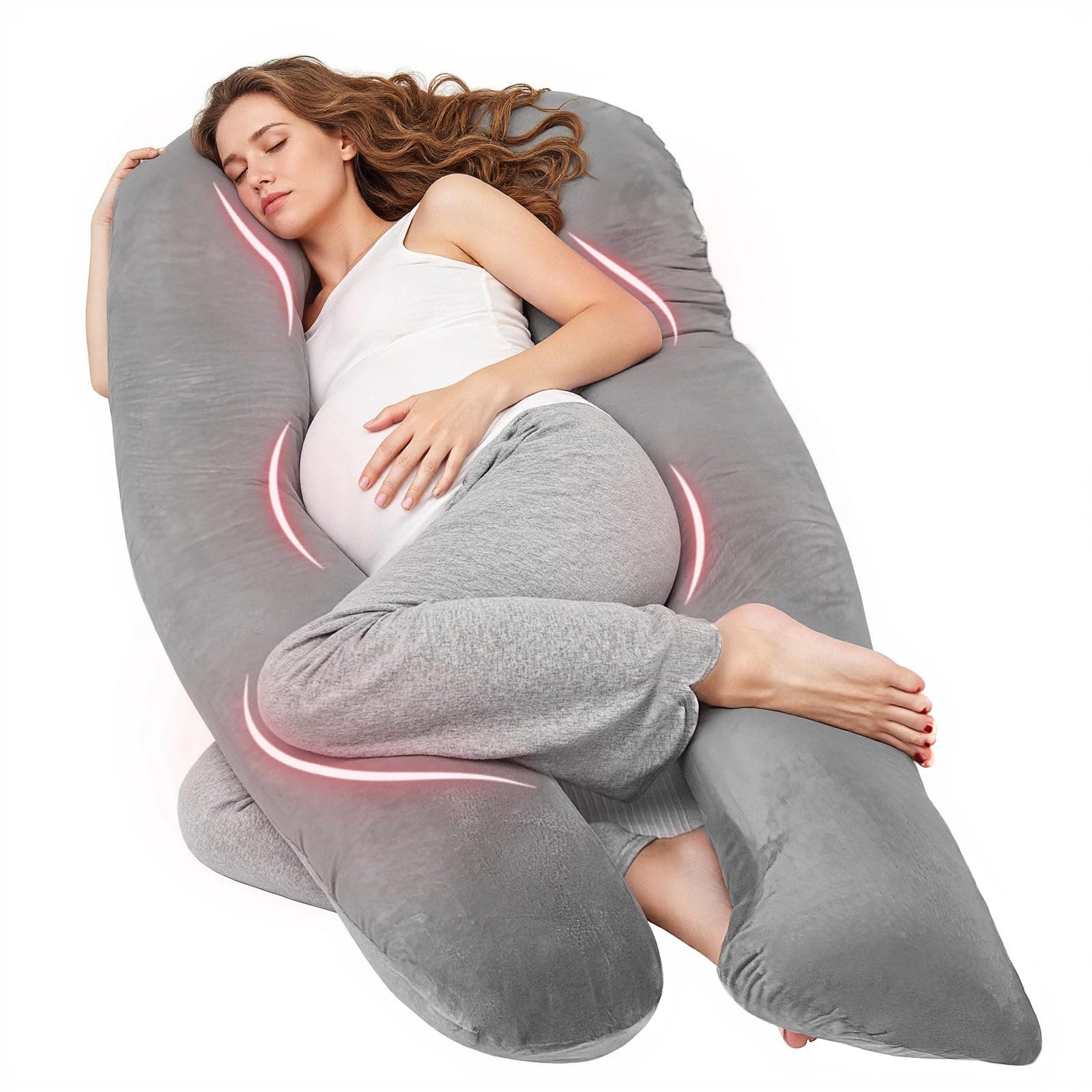 Nuliie Coussin de Grossesse pour Dormir, Oreiller de Corps Complet en Forme de U, Soutien pour Le Dos, Les Hanches et Les Jambes des Femmes Enceintes, avec Une Housse en Velours Lavable (Gris)