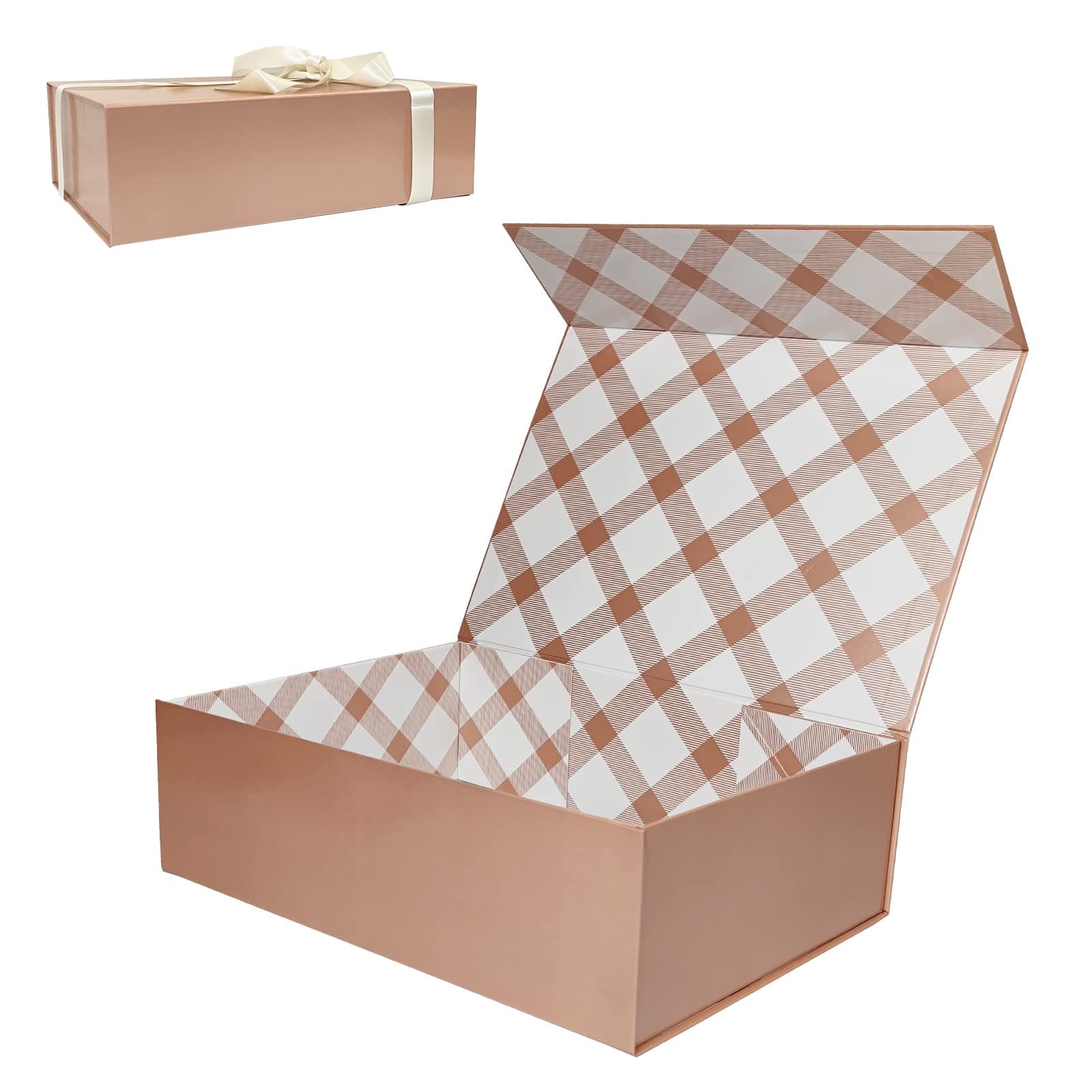 Tekhoho Scatola Regalo Oro Rosa Grande 33x23,7x10 cm, Scatola Regalo Premium con Coperchio Magnetico e Nastro per Confezioni Regalo di Matrimonio e Compleanno, Fodera Plaid