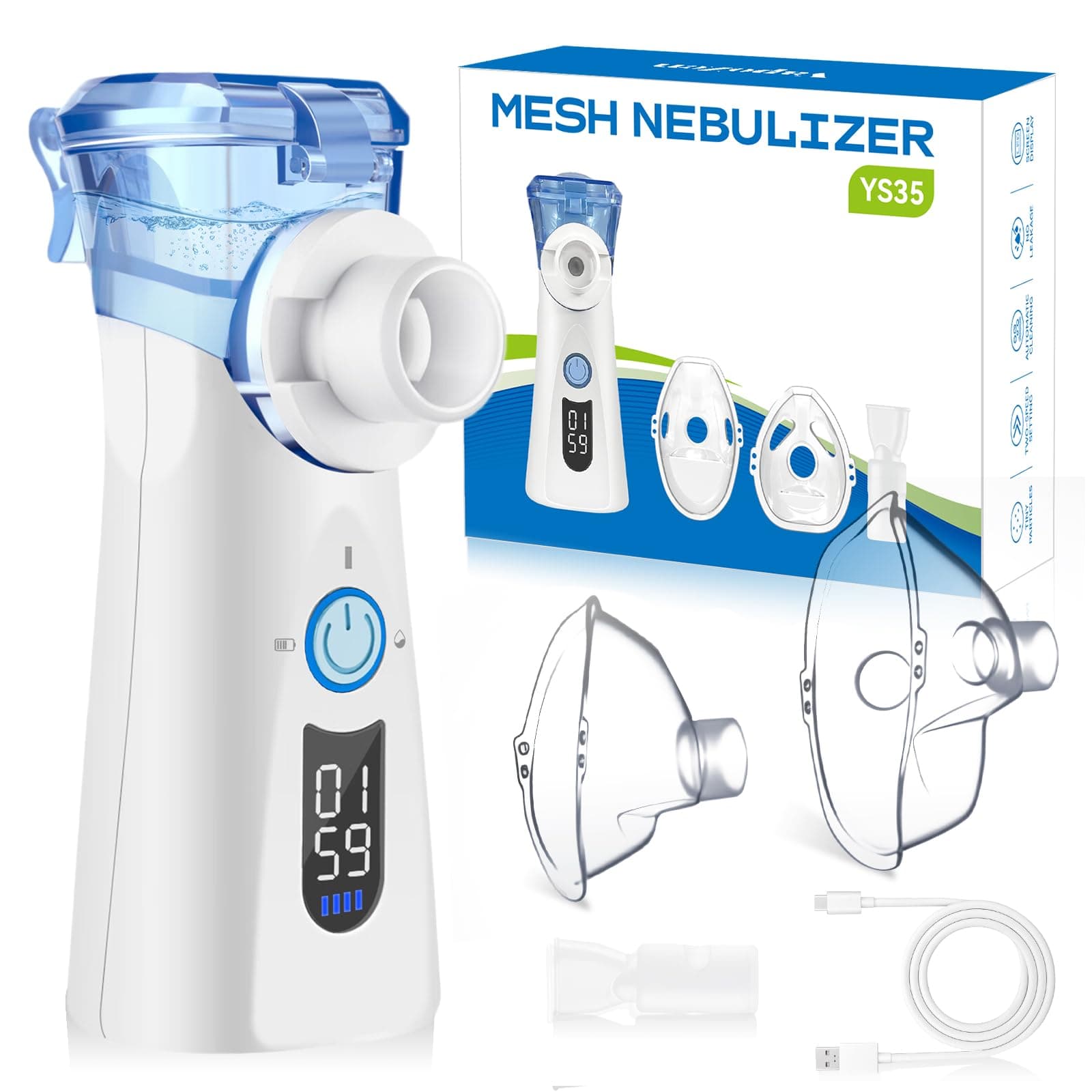 VapoZen Nebulizador Portátil para Adultos y Niños Nebulizador Silencioso para Bebé con Pantalla LED 3 Modos de Inhalador Nasal Incluye 2 Máscaras y Boquilla Diseño Práctico y Portátil