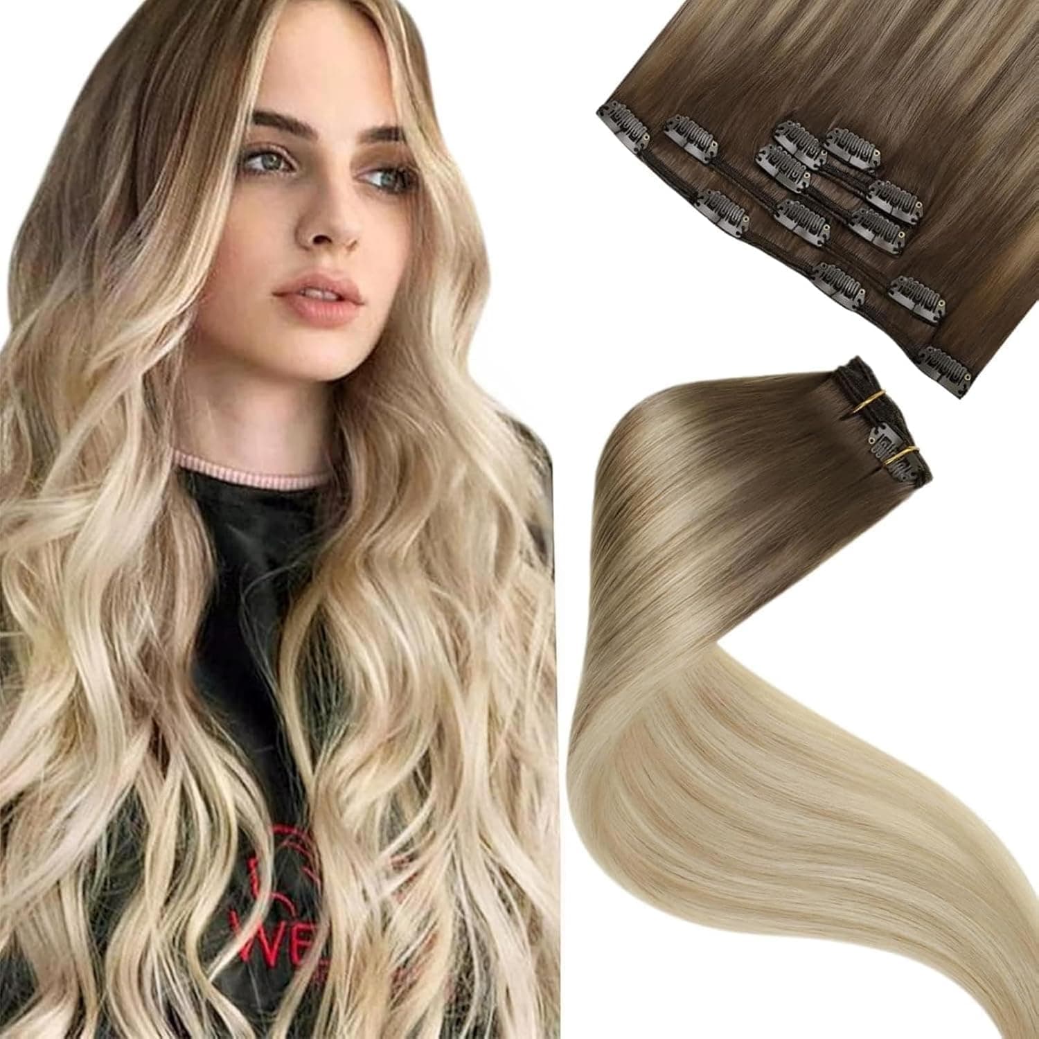 LaaVoo Extension Capelli Veri Clip 40 cm Balayage Marrone Chiaro a Biondo Cenere e Bionda Platino Extension con Clip Remy Naturali Liscio 80g 5pcs #8/18/60