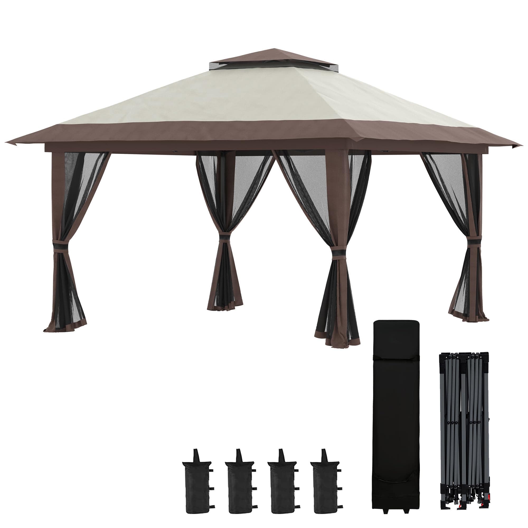 Outsunny Tonnelle de jardin extérieur barnum de jardin pop-up tente pliant 4 x 4 m double toit protection UV 50+ 4 moustiquaires, 4 sacs de sable, 1 sac de transport tissu Oxford métal beige et marron