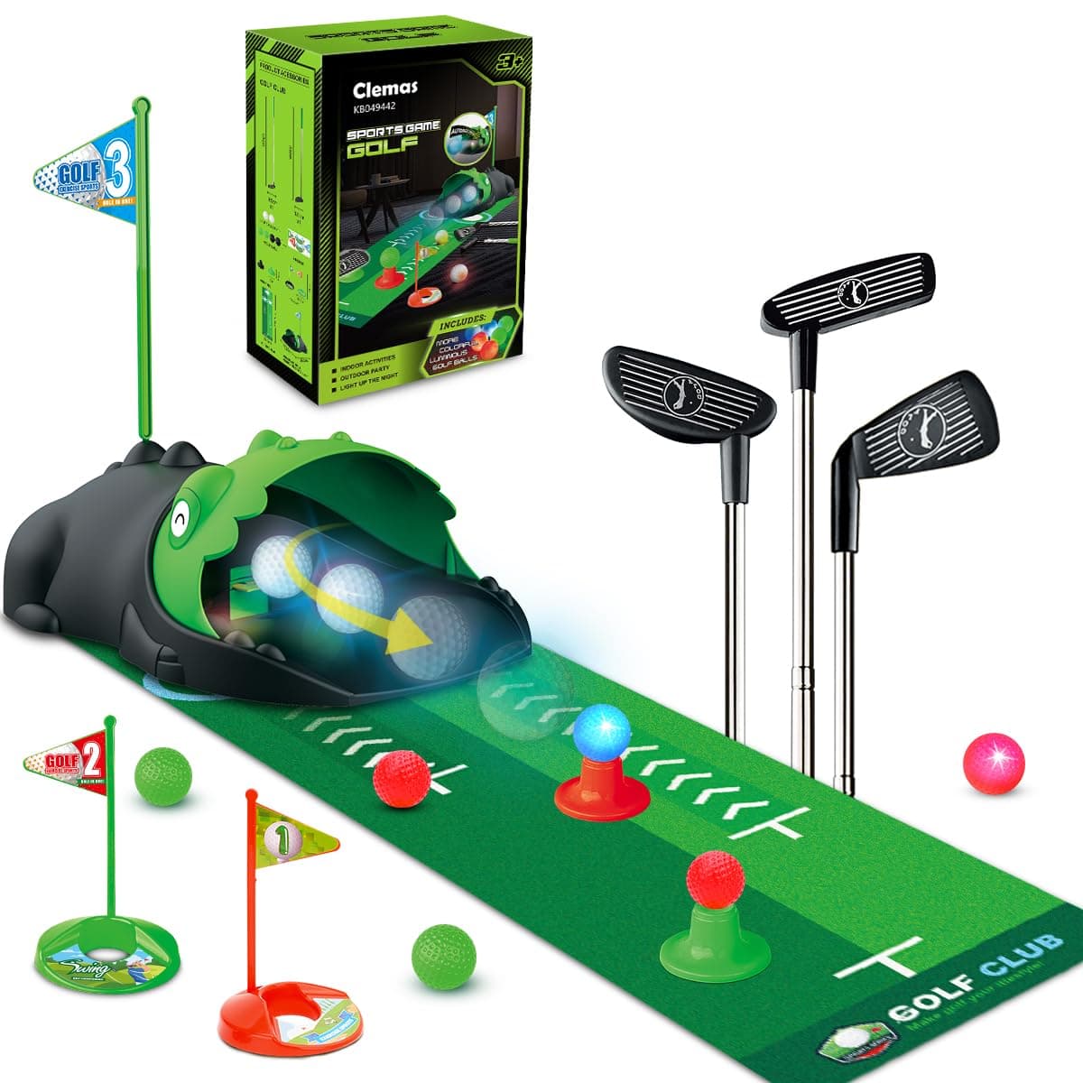 Clemas Set de Golf para Niños Devolvedor Automático de Bolas Dinosaurio, Pelotas de Golf Luminosas con LED, 3 Palos, Juegos de Golf para Niñas de 3 a 8 Años, Juguetes Deportivos Interior Exterior