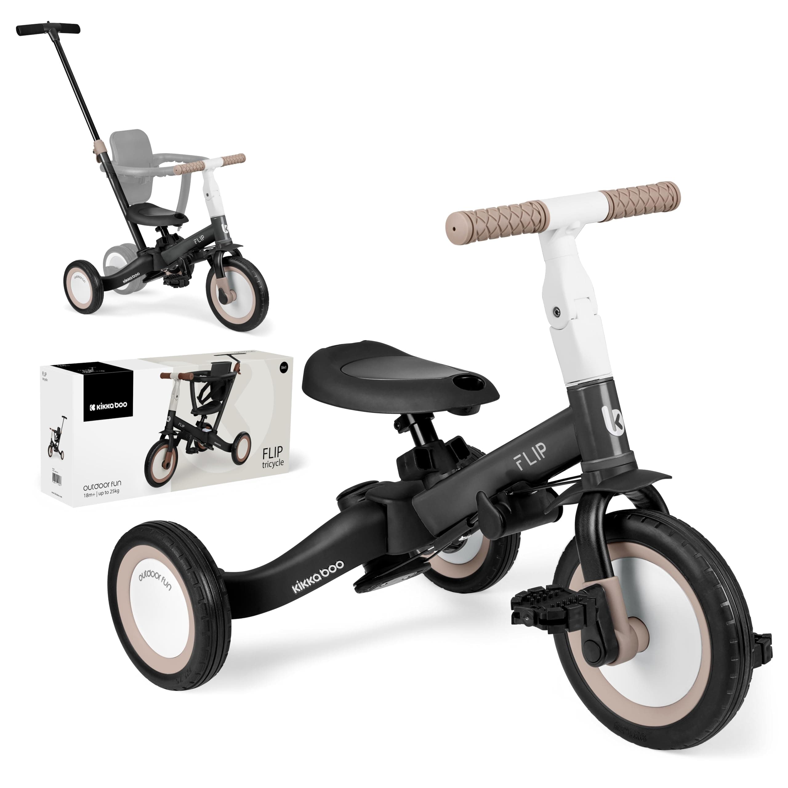 KikkaBoo Triciclo Evolutivo 5 in 1 per Bambini da 1 a 5 Anni FLIP, Triciclo Passeggino con Maniglione Regolabile, Con o Senza Pedali, Trasformabile in Bicicletta, Nero