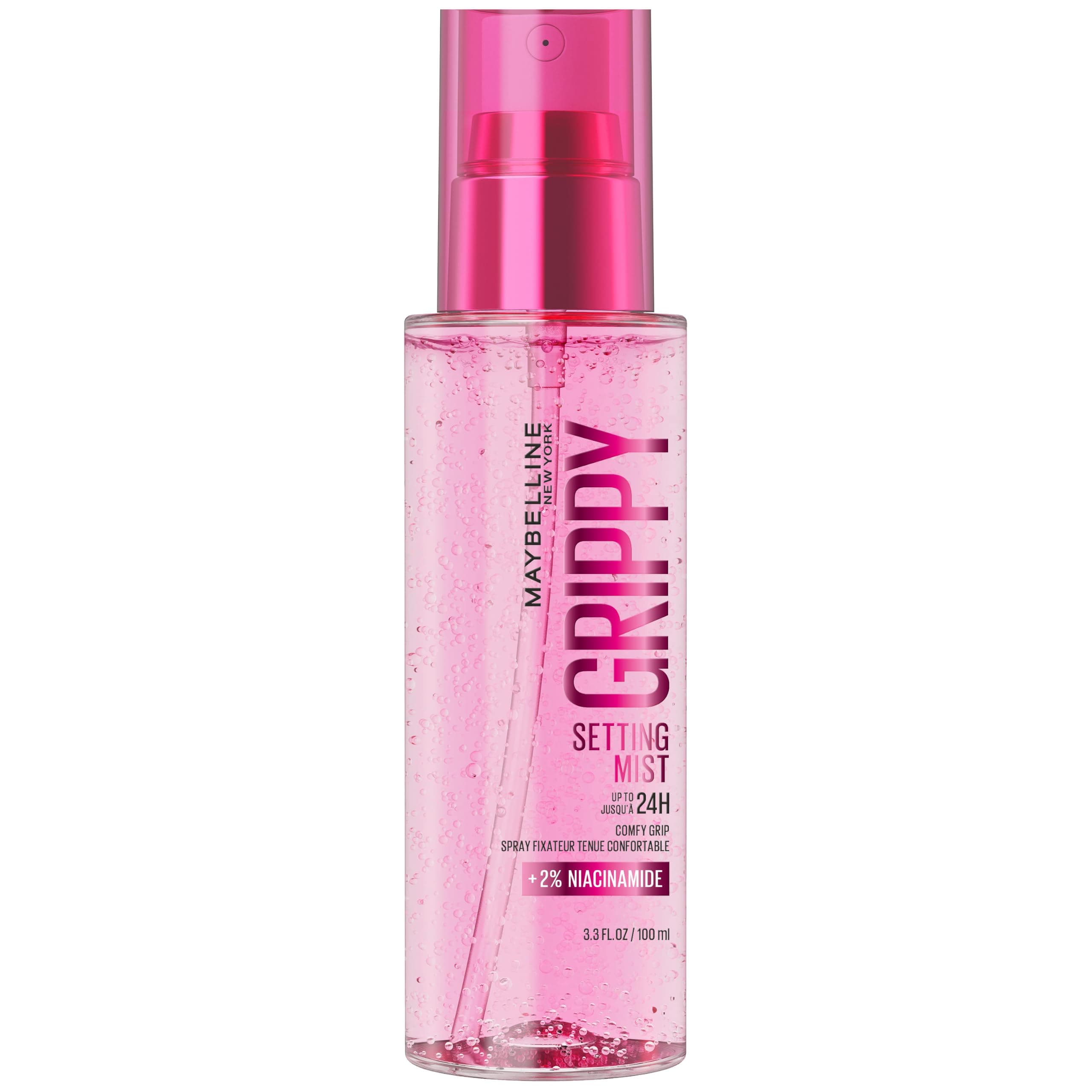 Maybelline New York Grippy Setting Mist Spray Fissante Makeup, 100 ml | Trucco Fissato per 24H, Applicazione Uniforme, Pelle Idratata Immediatamente e nel Tempo, Con il 2% di Niacinamide