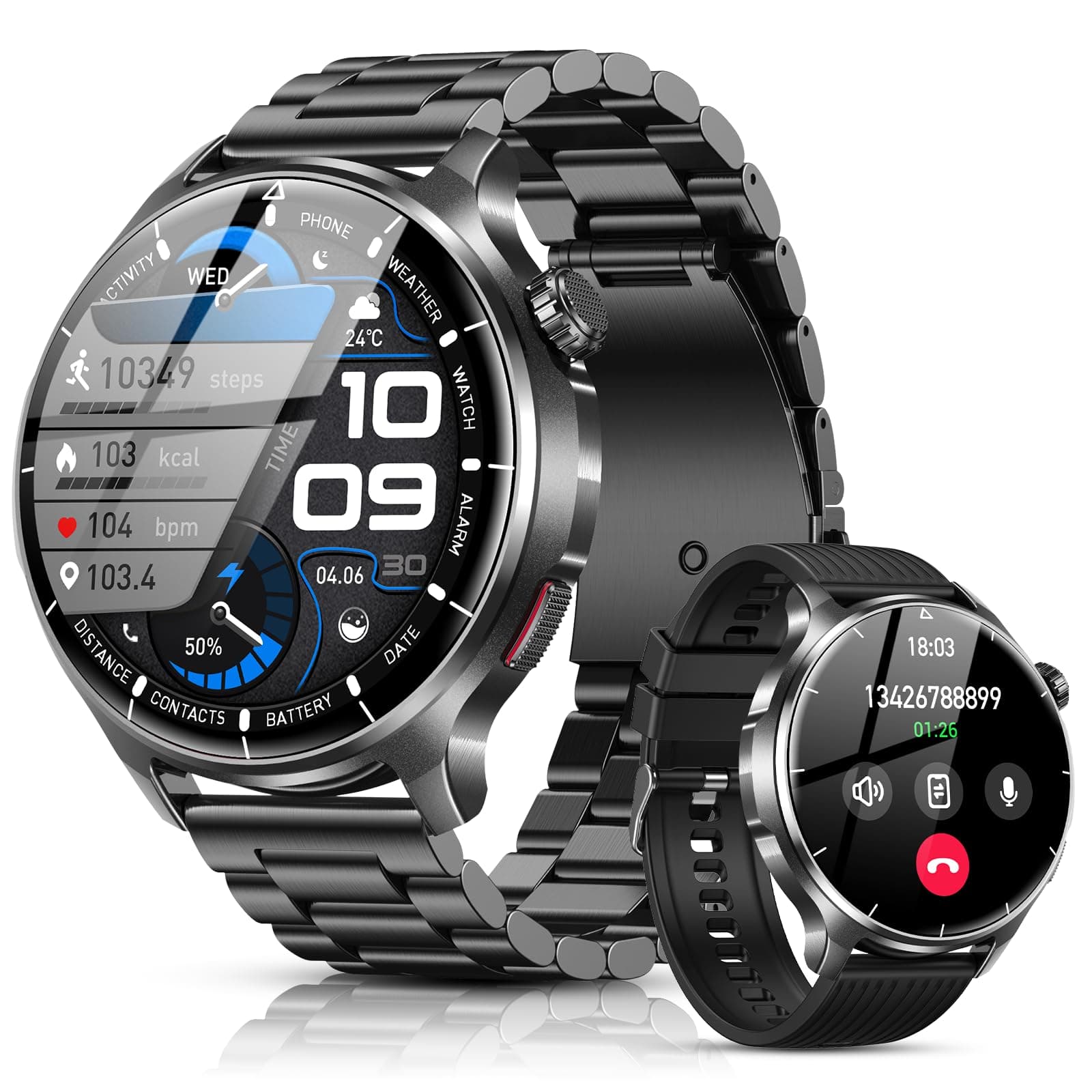 SLOKSFil Reloj Inteligente Hombre con Bluetooth Llamada, 1000mAh Smartwatch Hombre con 1,52" HD/110+ Modos Deportes/24/7 Pulsómetro/Sueño/IP68 Impermeable/Podómetro Android iOS (Acero Negro)
