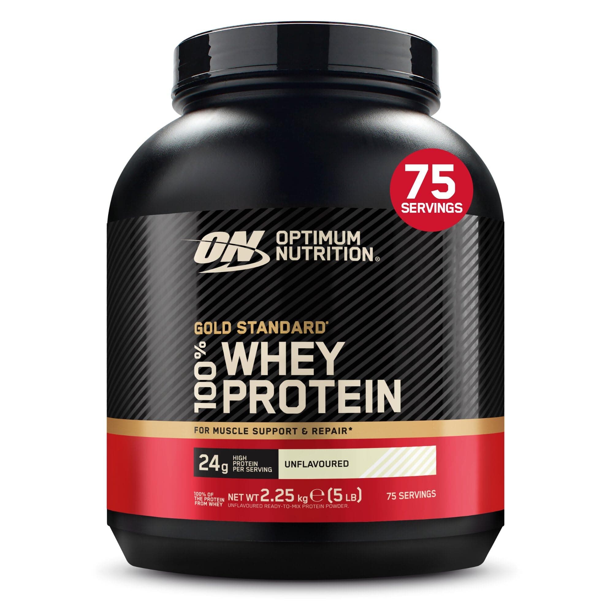 Optimum Nutrition Gold Standard 100% Molkenproteinpulver für Muskelaufbau und -regeneration mit natürlich vorkommendem Glutamin und BCAA-Aminosäuren, Unflavoured, 75 Portionen, 2,25 kg