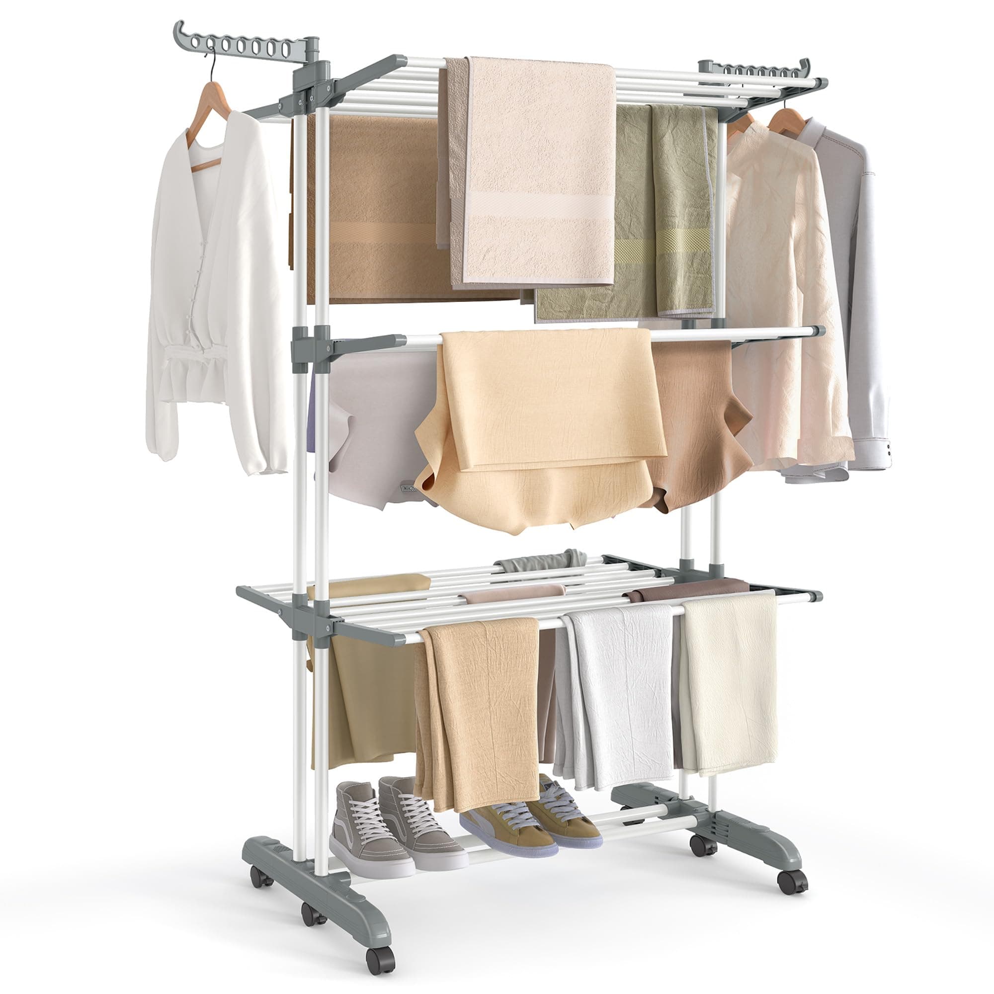 SONGMICS Tendedero Plegable de 4 Niveles, con Ruedas, Alas Plegables, 63,5 x 125,5 x 173 cm, Gran Capacidad, Montaje Fácil, Uso Interior y Exterior, Blanco Nube y Gris Paloma LLR703WZ02