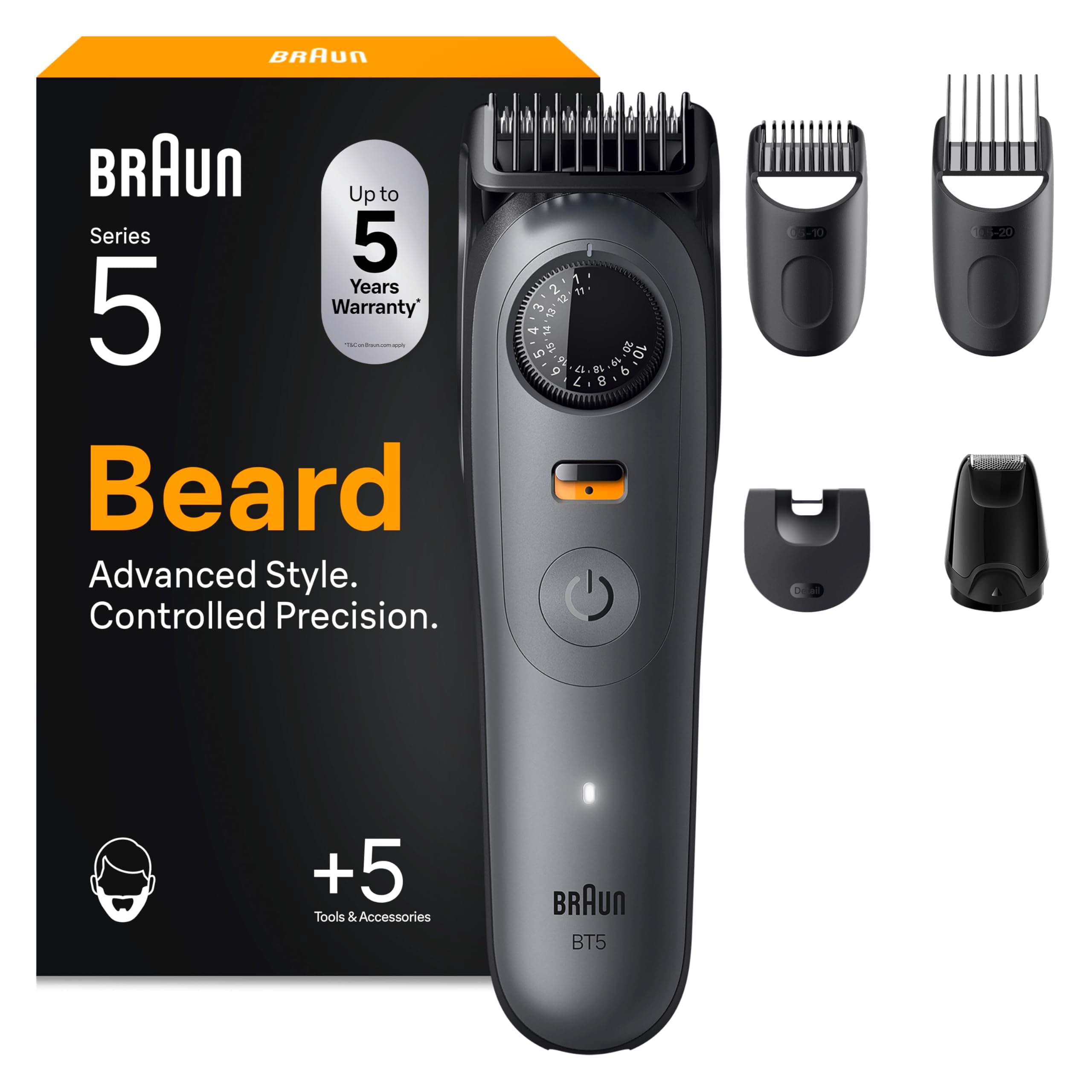 Braun Regolabarba Uomo Series 5, Rasoio Elettrico Barba, +5 Strumenti Styling, Lama Ultra Affilata, 120 Min Autonomia, Impermeabile, Selettore di Precisione con 40 Lunghezze&Blocco Bt5525 Grigio