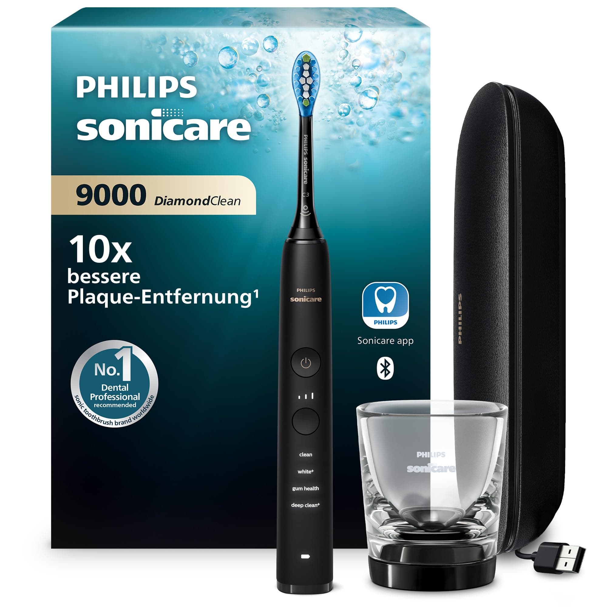 Philips Sonicare DiamondClean 9000 elektrische Zahnbürste, Schallzahnbürste mit App, Drucksensor, 4 Putzmodi, 3 Intensitätsstufen, Ladeglas und USB-Reiseetui, Schwarz, Modell HX9911/09