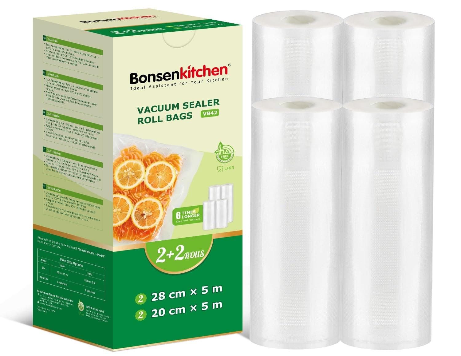 Bonsenkitchen Bolsas Envasar al Vacio Alimentos, 2 Rollos 20 x 500cm+2 Rollos 28 x 500cm, para Conservación de Alimentos al Vacío y Cocción Sous Vide, Sin BPA, VB42