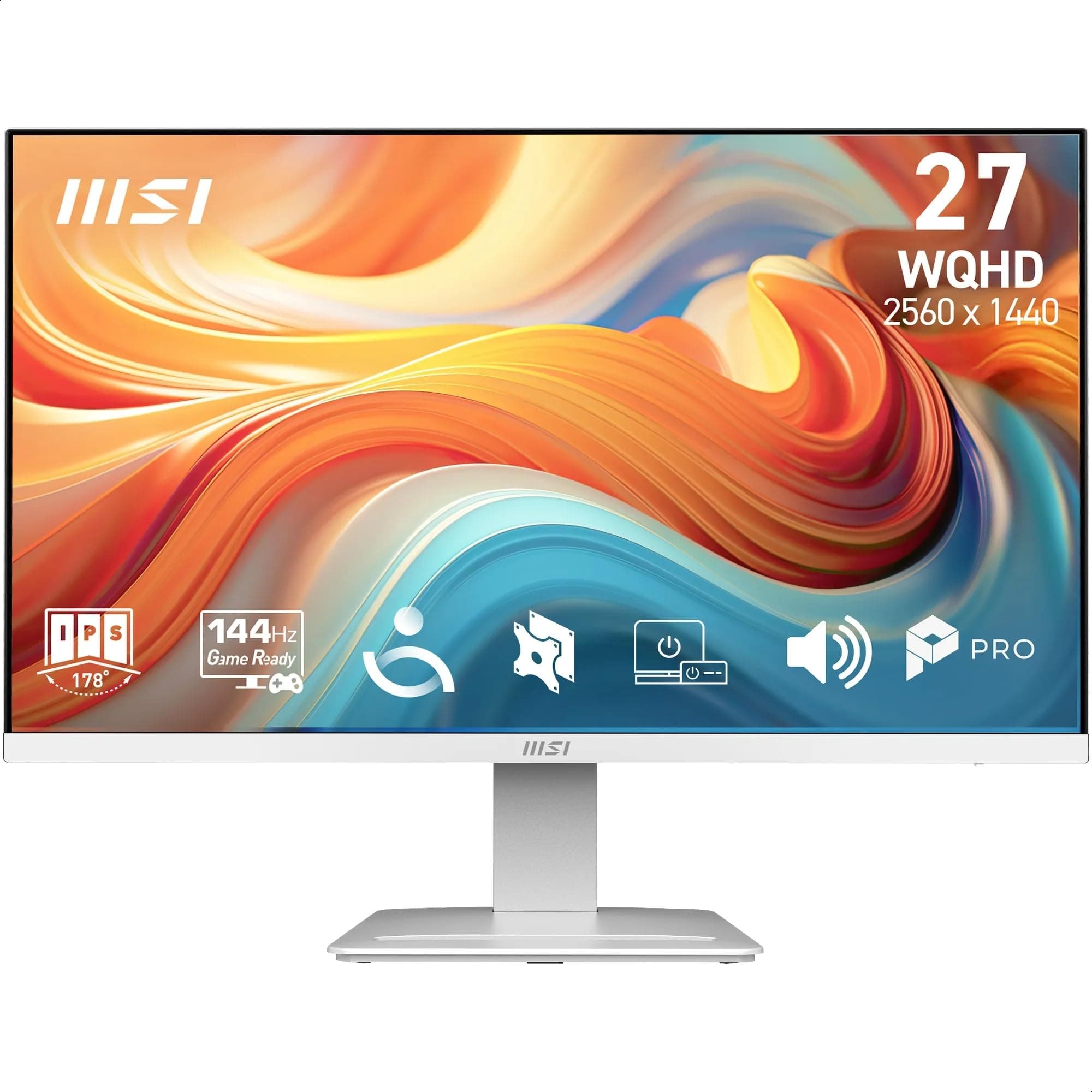 MSI Pro MP273QW E14 Monitor de 27" WQHD, 2560 x 1440 IPS, 144 Hz, 1 ms, Compatible HDR, Adaptive-Sync, Eye Care, Altavoz Integrado, HDMI 2.0b, DP 1.2a, sin Marco, inclinación Ajustable, VESA, Blanco
