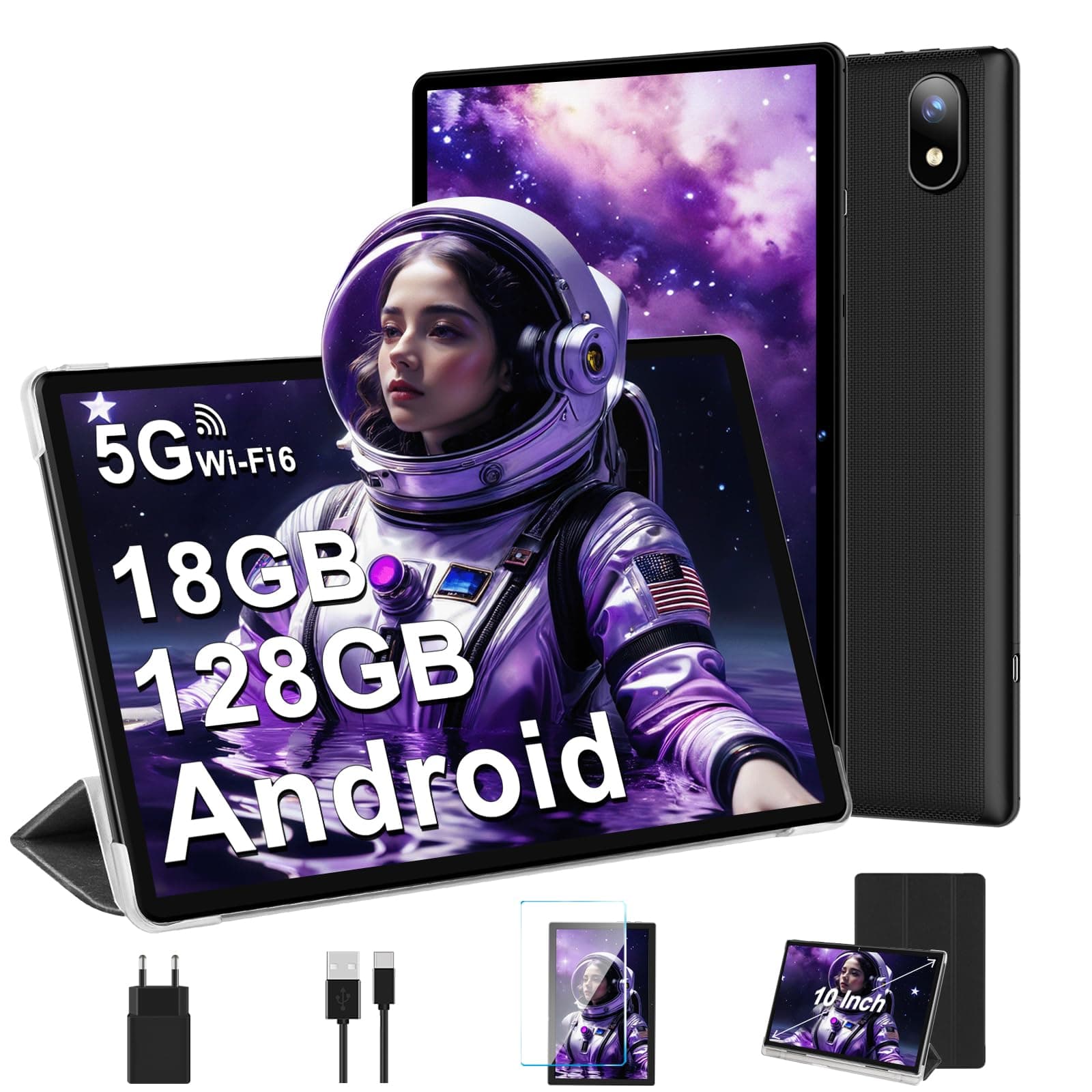 DMOAO Tablette Android avec 5G Wi-FI 6, 18Go RAM + 128Go ROM(1 to Extensible), Tablette Tactile 10 Pouces avec Widevine L1, Bluetooth 5.0, 6000mAh, 8 cœurs 2.0 GHz, USB-C, Noir