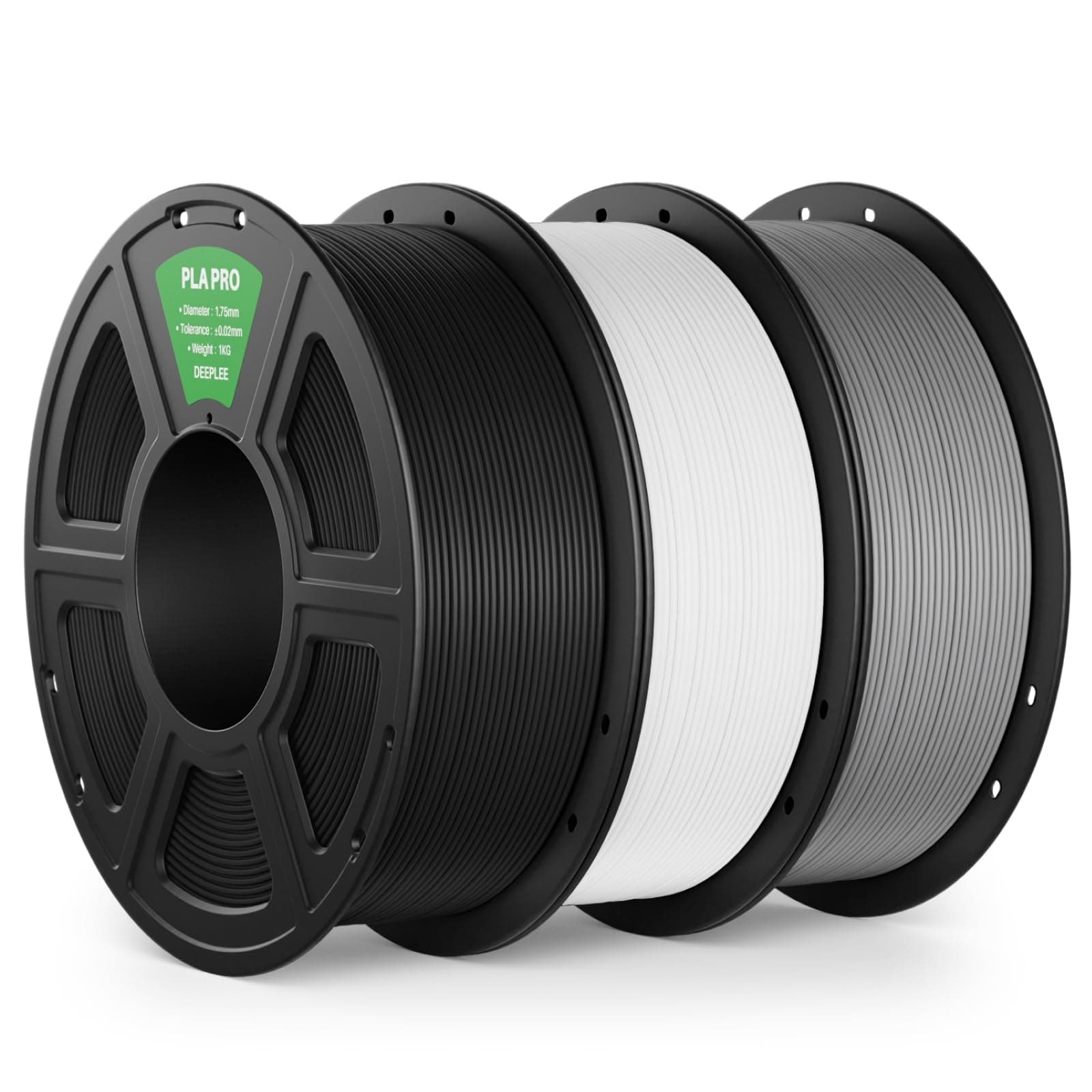 DEEPLEE PLA Pro 1.75 mm, Kit 3 Bobinas Negro, Blanco y Gris (3 kg). Alta Tenacidad y Fácil Impresión. Precisión ±0.02 mm y Sin Atascos. Compatible con la mayoría de impresoras FDM.