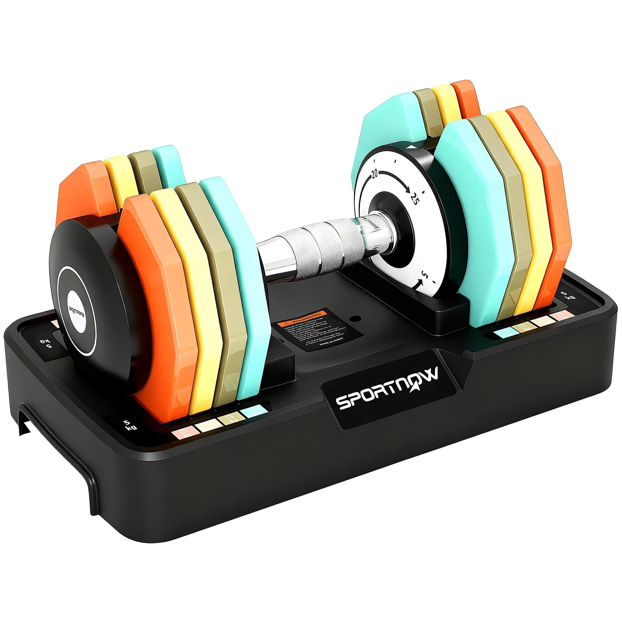SPORTNOW Haltère réglable 5 à 25 kg avec base de rangement, 5 niveaux de poids, poignée antidérapante, set d'haltère avec disques d'haltères octogones, gain de place pour maison, bureau