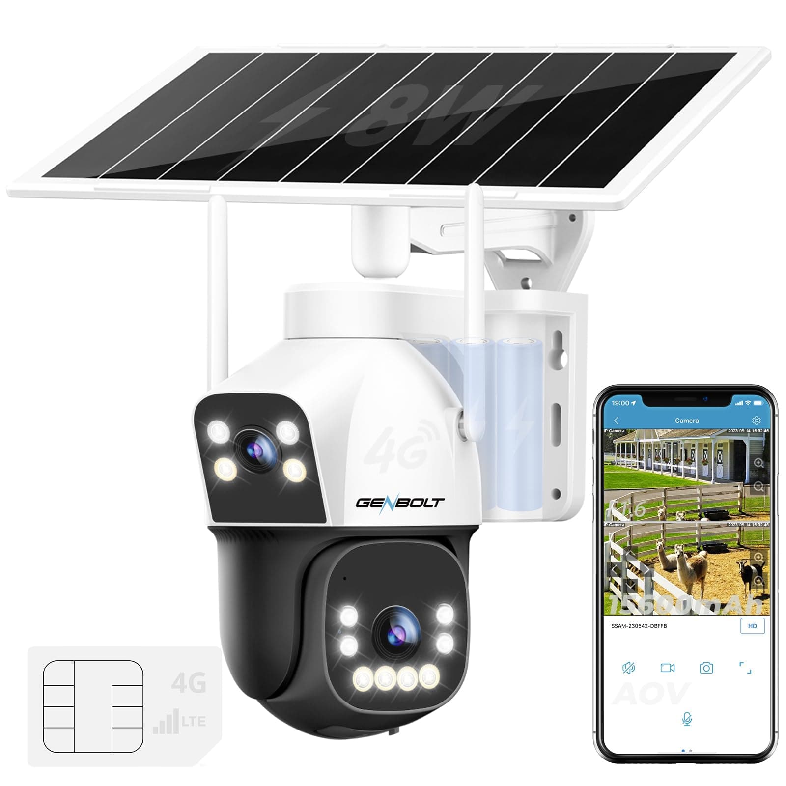 GENBOLT 4G AOV Solaire Caméra De Surveillance Extérieur sans Fil, Enregistrement 24/7 3MP+3MP IP SIM Caméra Surveillance Batterie avec détection IA, 8W 15600mAh Caméra CCTV