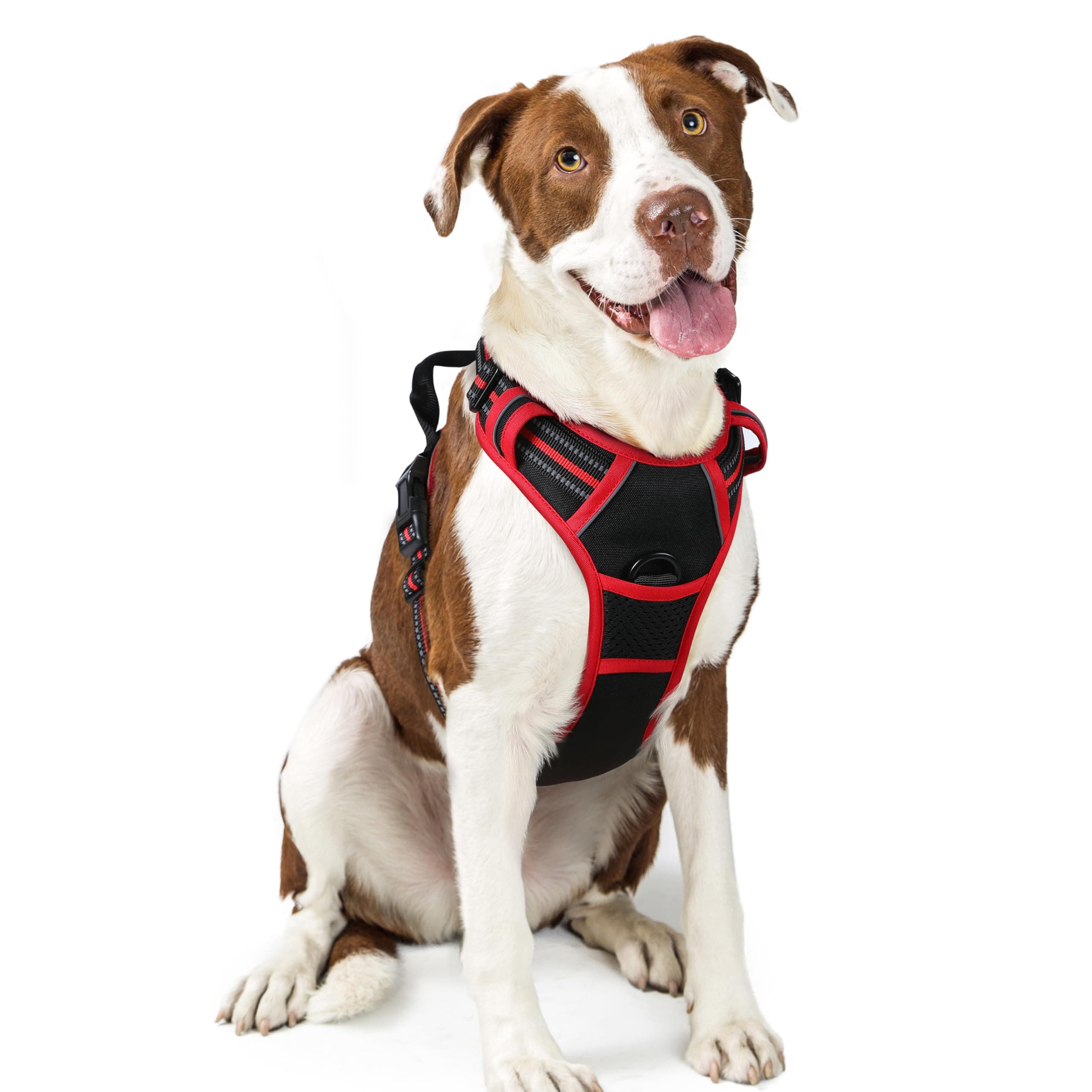 rabbitgoo Arnes Perro Grande, Arnes Perro Antitirones Coche con Lineas Reflecantes, Chaleco Perro Acolchado Ajustable Transpirable con Asa y Anillos para Adiesreamiento Tamaño L Color Negro y Rojo