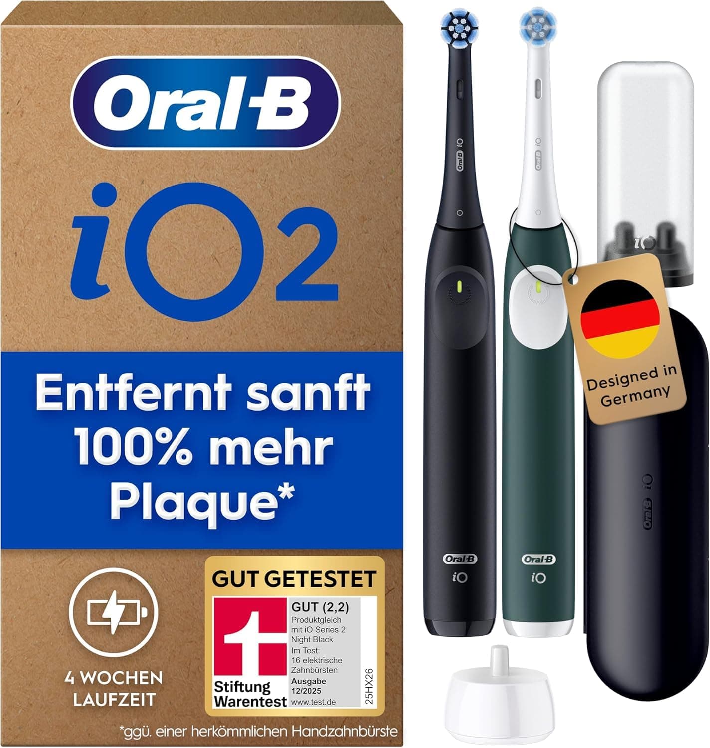 Oral-B iO Series 2 Elektrische Zahnbürste — Doppelpack — Electric Toothbrush, Inkl. 2 Aufsteckbürsten, Reise-Etui — 3 Putzmodi für Zahnpflege, GUT GETESTET (2,2) von STIFTUNG WARENTEST, Schwarz/Grün
