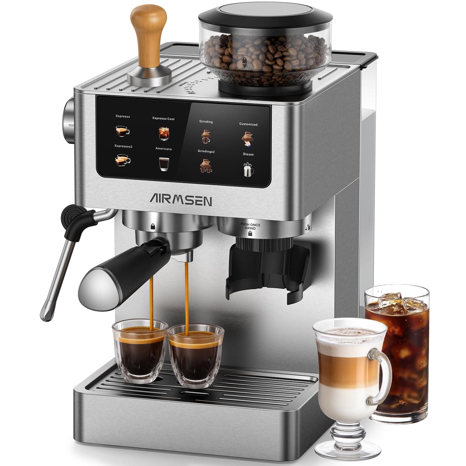 AIRMSEN 20 Bar Macchina per Caffè Espresso con Macinacaffè e Montalatte - Programmable, Compatibile con Caffe Freddo (Cold Brew) e Americano, Macchina del Caffe per Macinato​/Chicco Intero, 1,8L