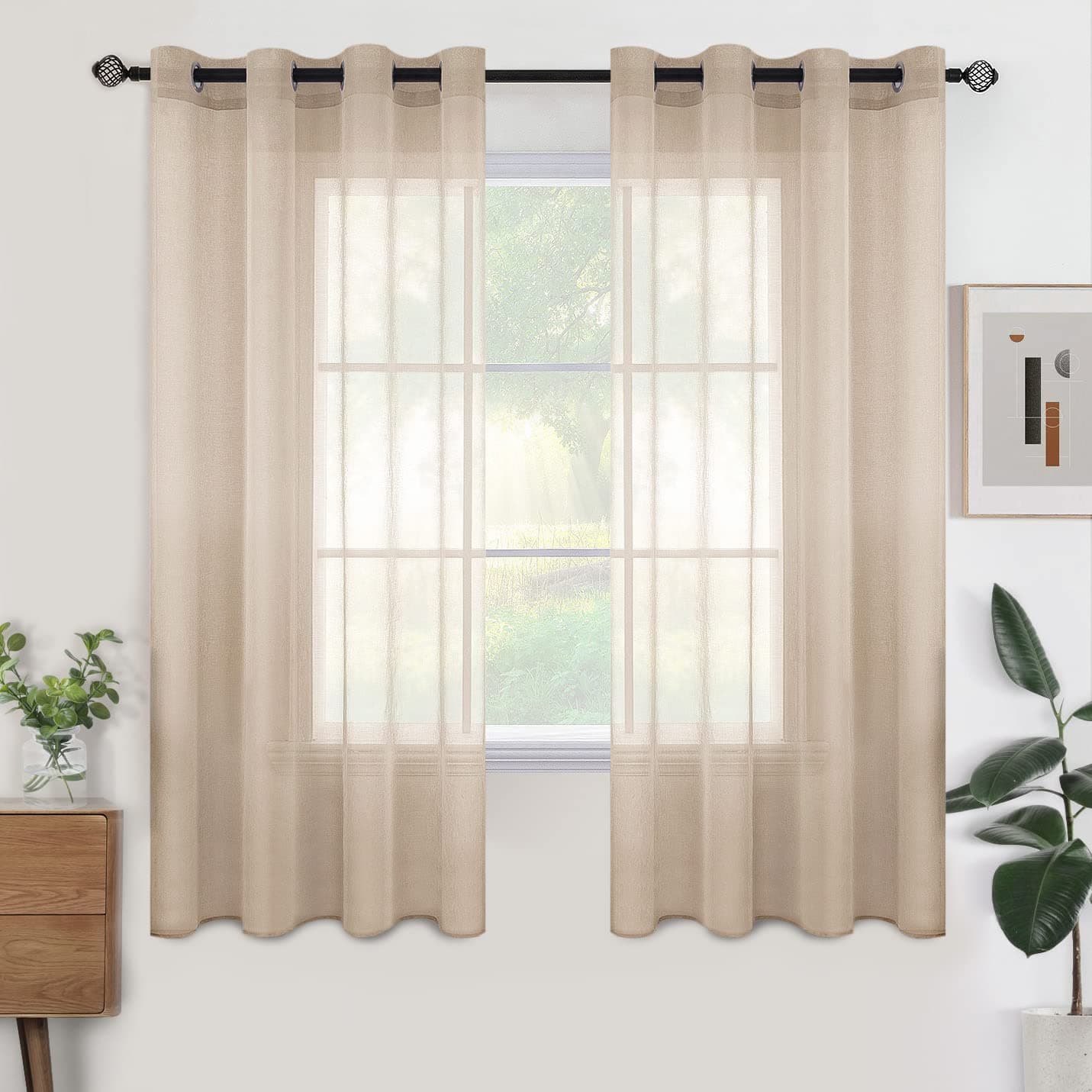 Woaboy Tende per Interni corte 2 Pezzi Tende Finestre Voile Semi Trasparenti per Soggiorno e Camera da Letto Moderne Luminoso per Decorazioni per la casa Romantico 140x145cm Beige