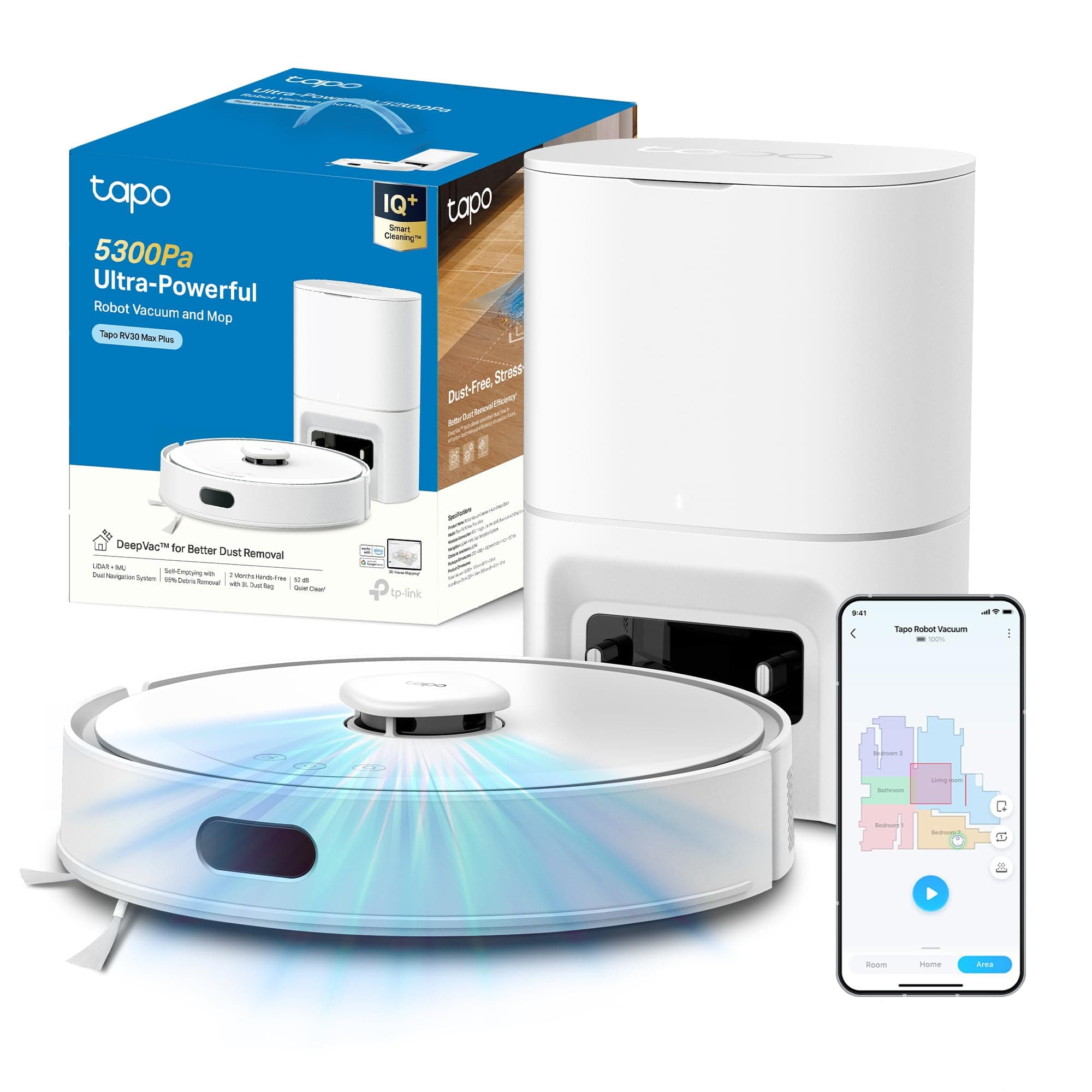 Tapo RV30 Max Plus White Robot Aspirapolvere Lavapavimenti con Mappatura 5300Pa, Svuotamento Automatico Polvere 3L, Doppia Navigazione LiDAR+IMU, Zone No-Go e Muri Virtuali, Controllo APP&Alexa&Google