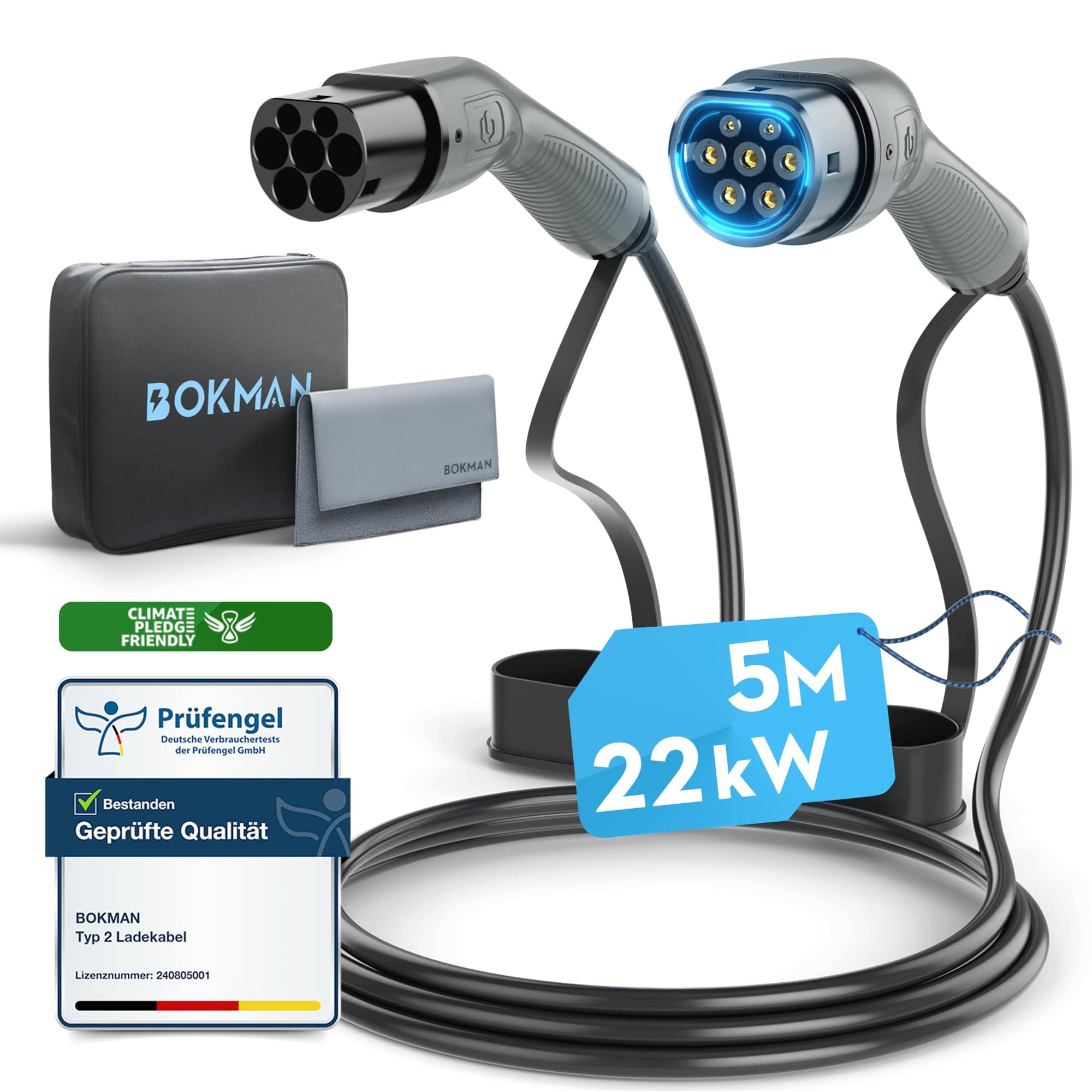 bokman EV Cable de Carga Tipo 2, Modo 3 / 32A / 22kW / Trifásico / 5 Metros, Cable de Carga Rápida Híbrido Enchufable para Vehículo Eléctrico Tipo 2 a Tipo 2
