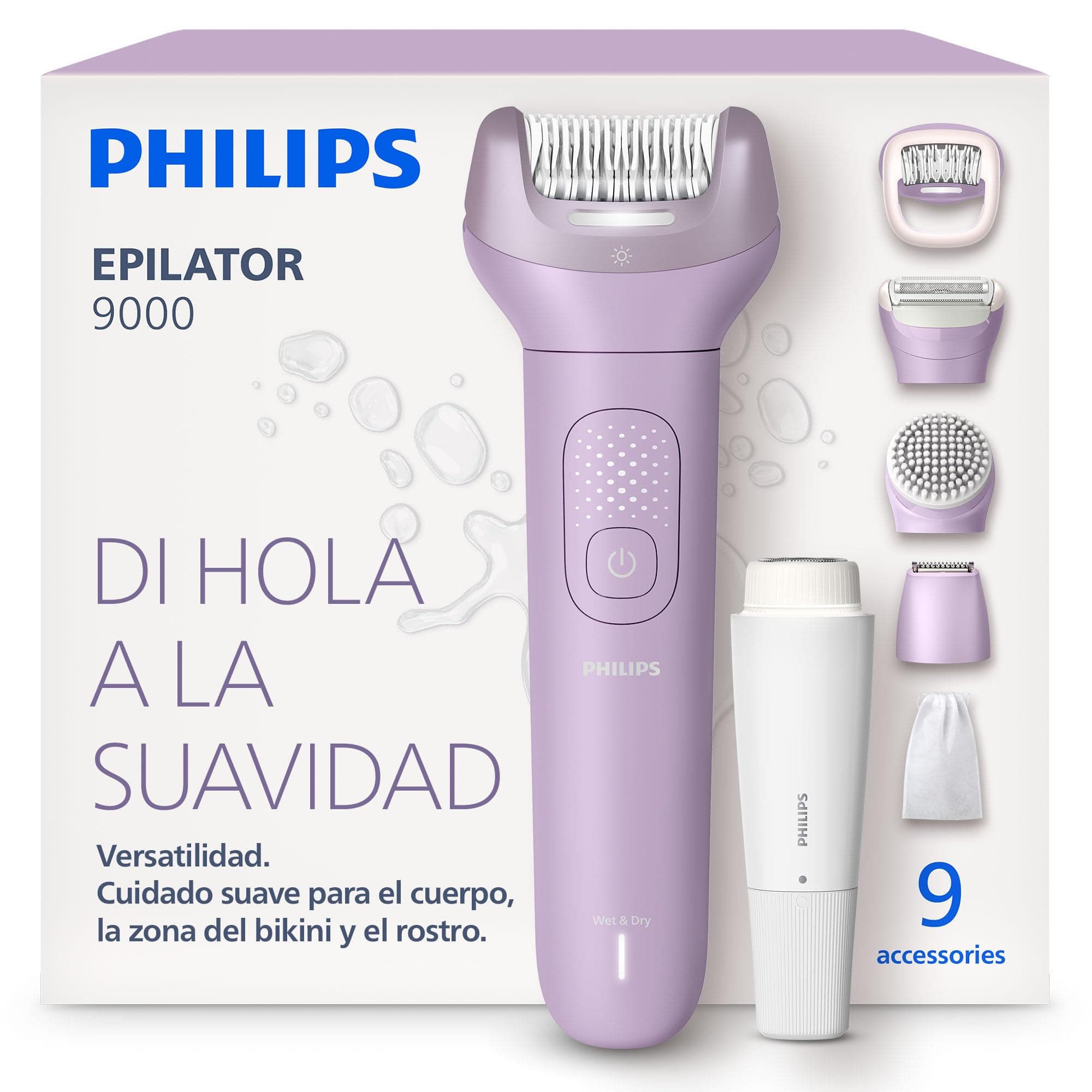 Philips Depiladora Serie 9000 – eléctrica inalámbrica para uso en seco y mojado, para cara, cuerpo y zona del bikini; con ProGuide, 9 accesorios, 60 min de autonomía, modelo BRE729/00