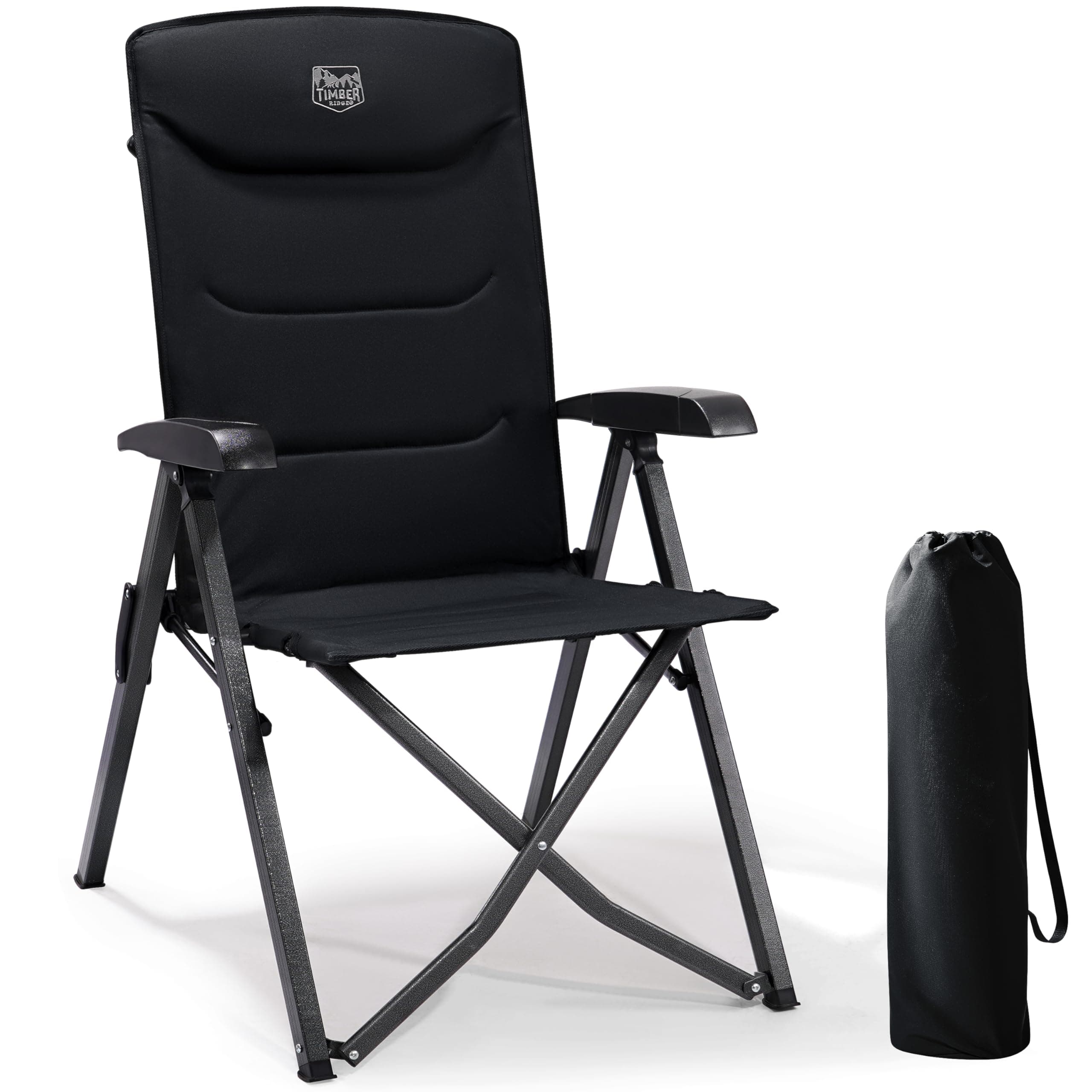 TIMBER RIDGE Silla de Camping Adulto 150kg Silla de Jardín Plegable Portátile de Alta Resistencia Respaldo Alto Sillas Reclinable de 4 Posiciones para Campamento Picnic Jardín Caravana (1 Pc, Negro)