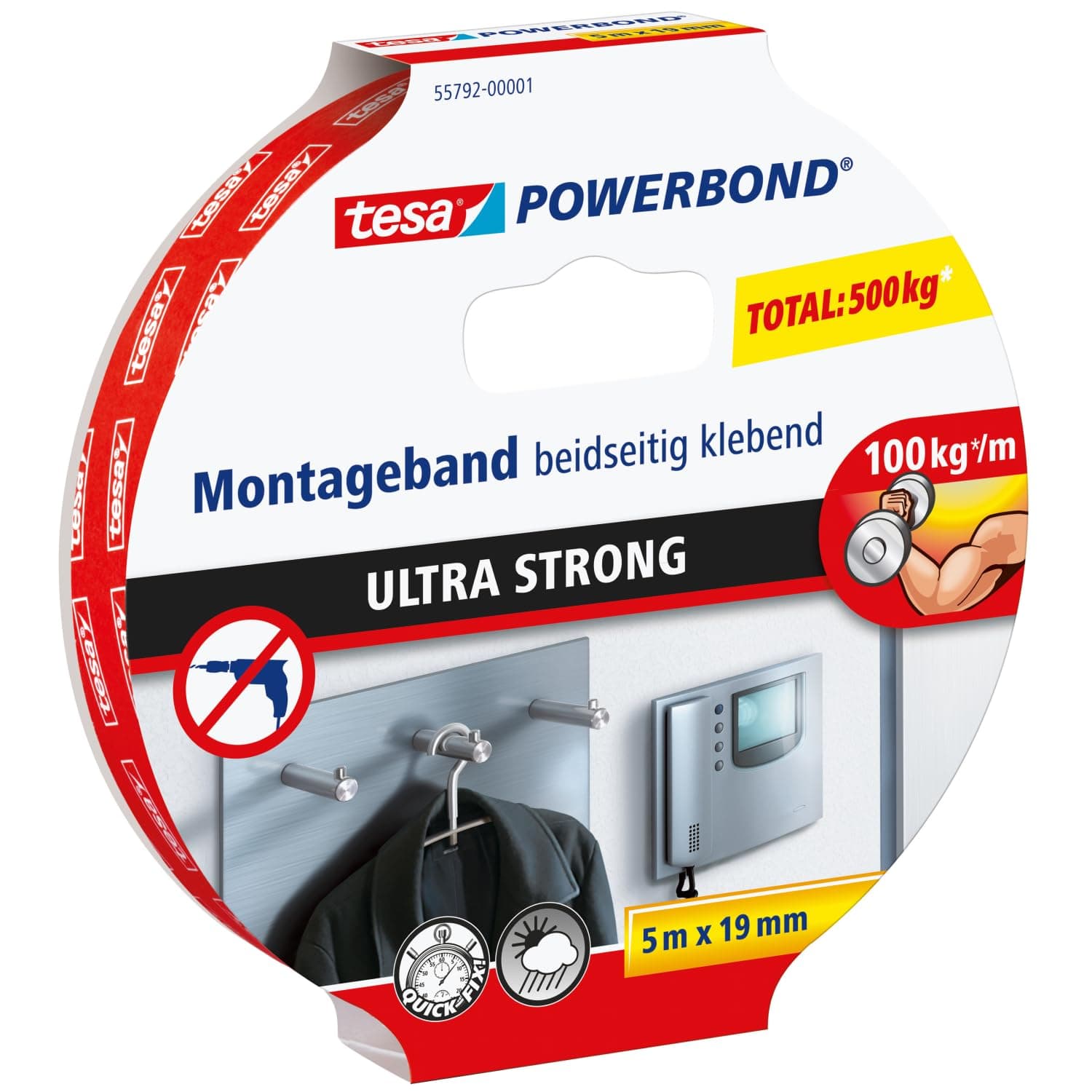 tesa Powerbond ultra strong Montageband - doppelseitiges, extra starkes Klebeband zur permanenten Befestigung im Außen- und Innenbereich - 5 m